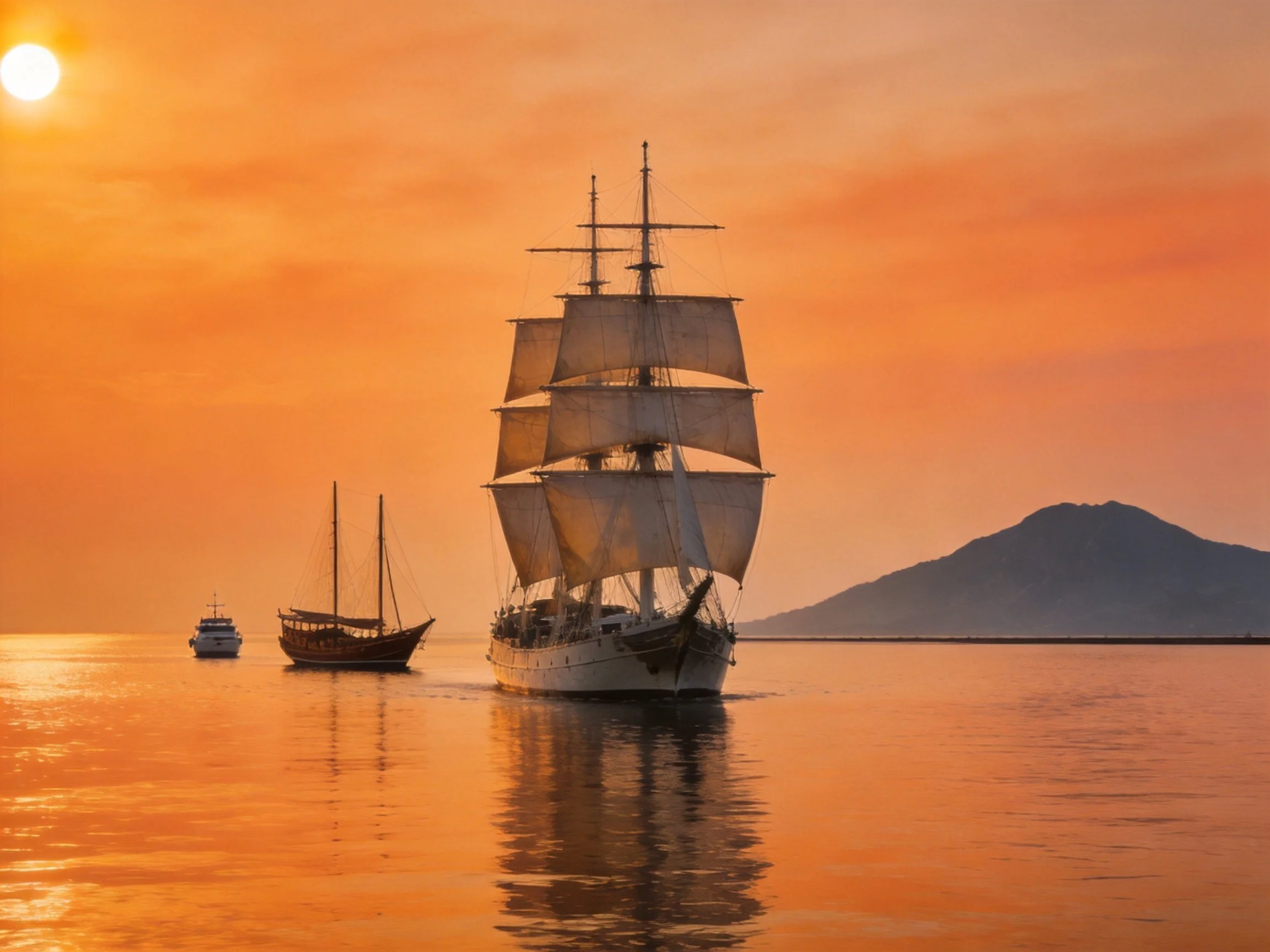 Three sailboats glide over calm waters under an orange-hued sunset