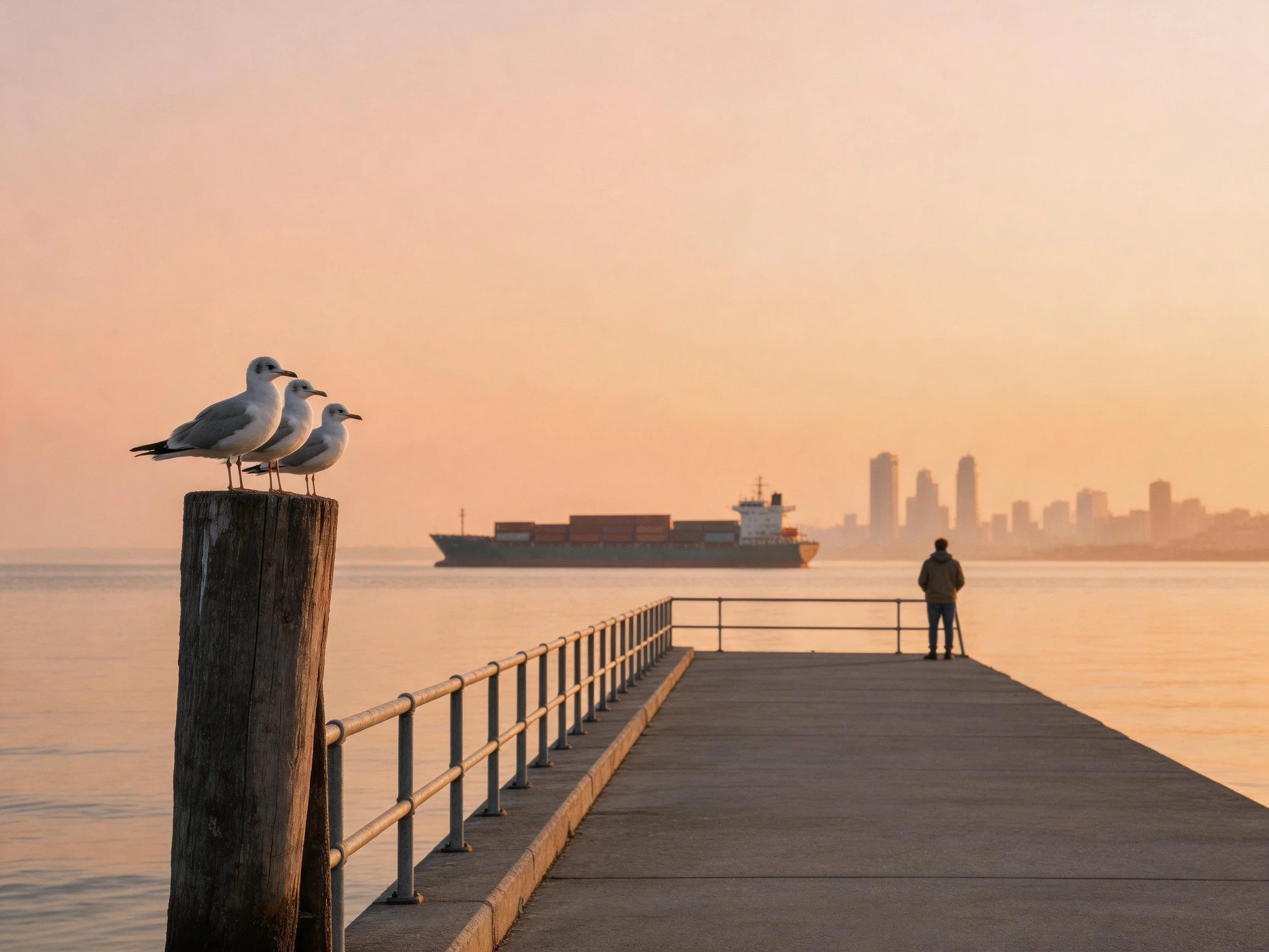 Three seagulls on a wooden pier post near a cargo ship and city skyline at sunset