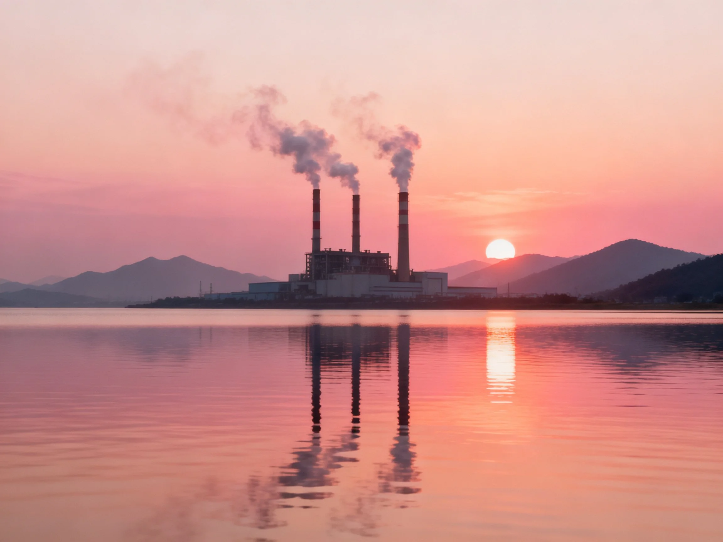 Three smokestacks rise from industrial complex near reflective water at sunset
