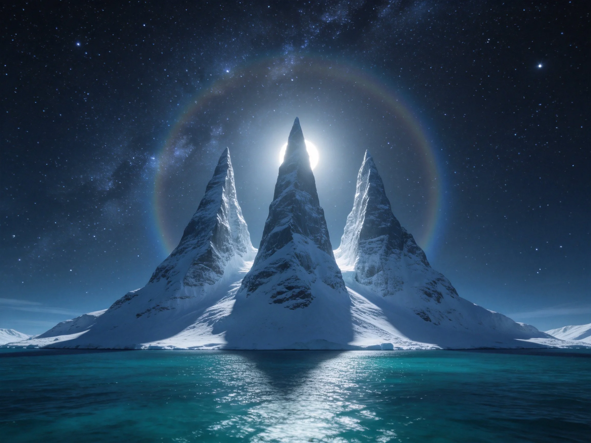 Three snow-capped triangular peaks rise from turquoise waters under starry night with atmospheric glo