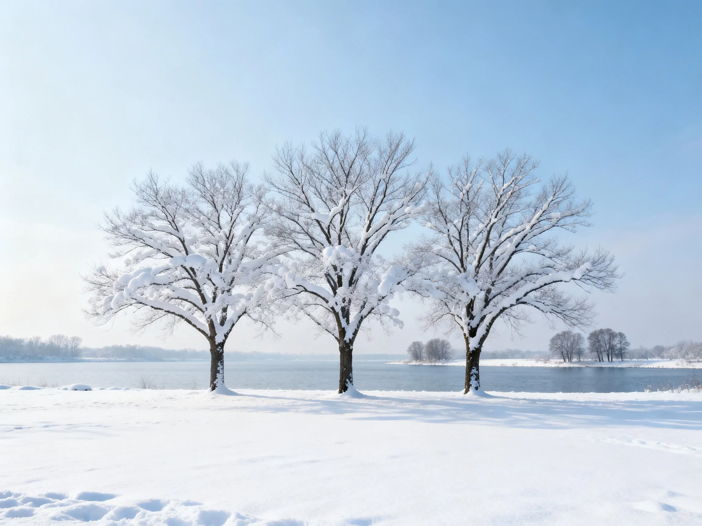 Three snow-covered trees near a calm winter lake