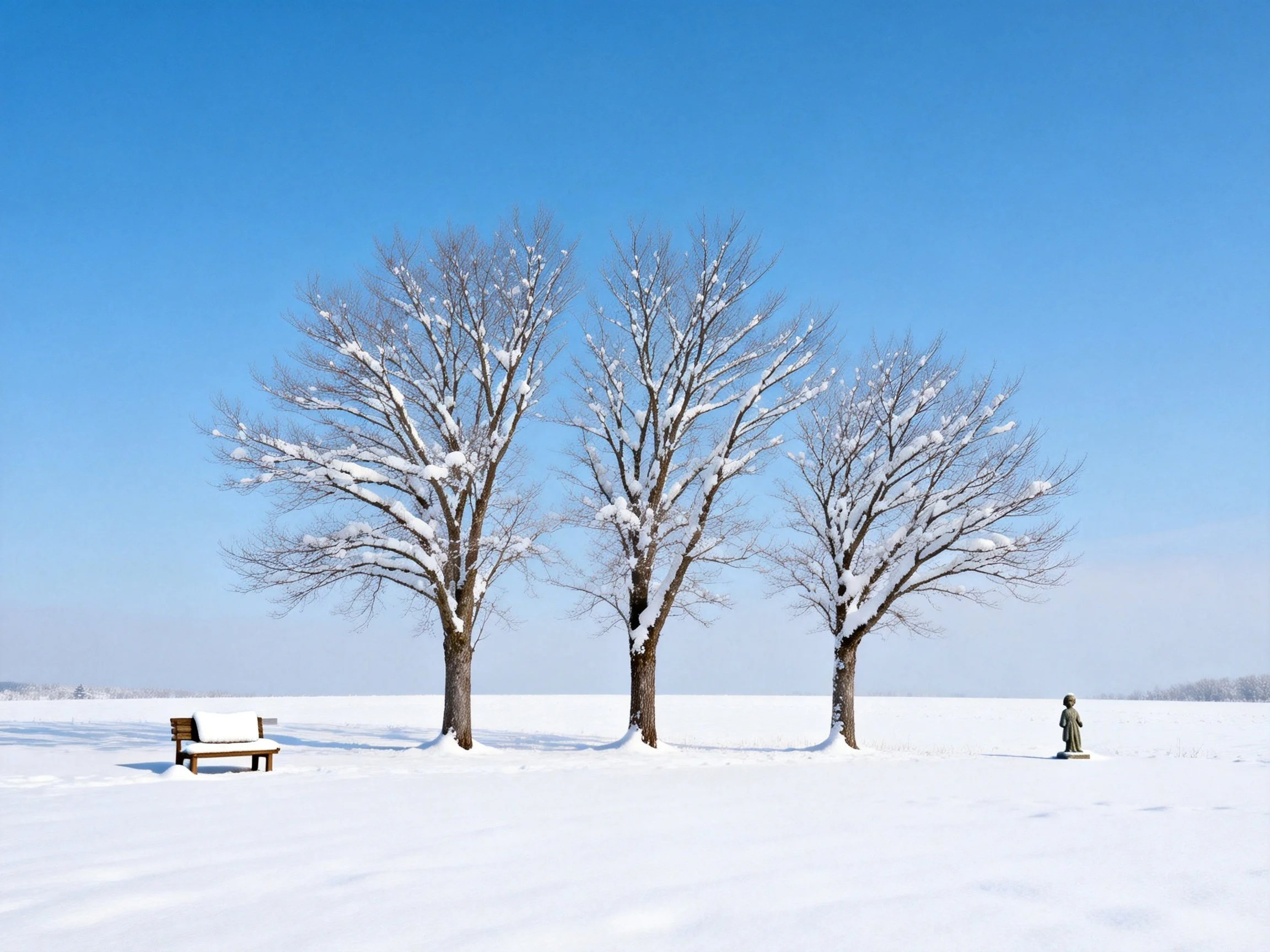 Three snow-dusted trees near a bench and statue under clear blue sky