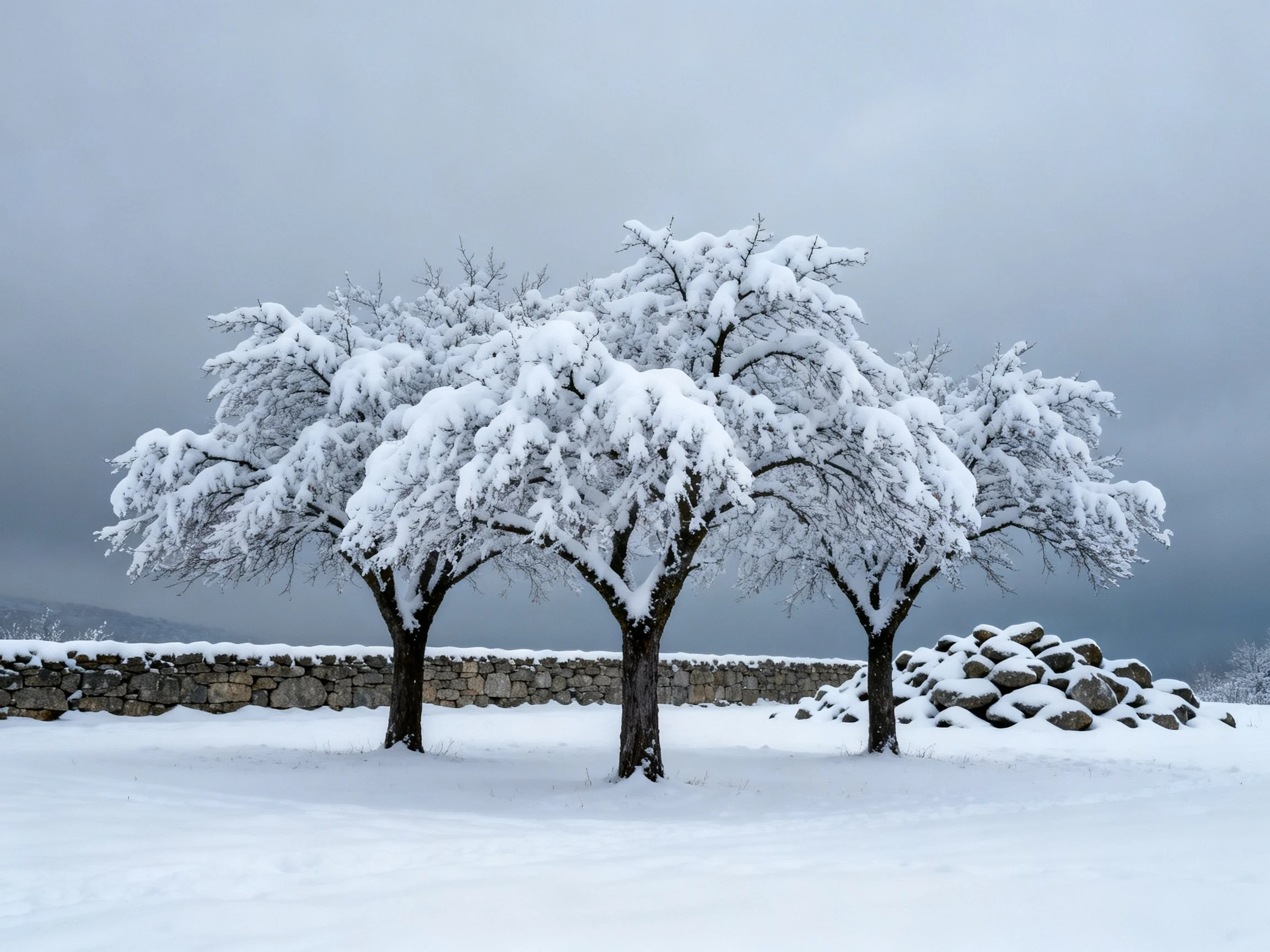 Three snow-laden trees stand by stone wall and rocky pile