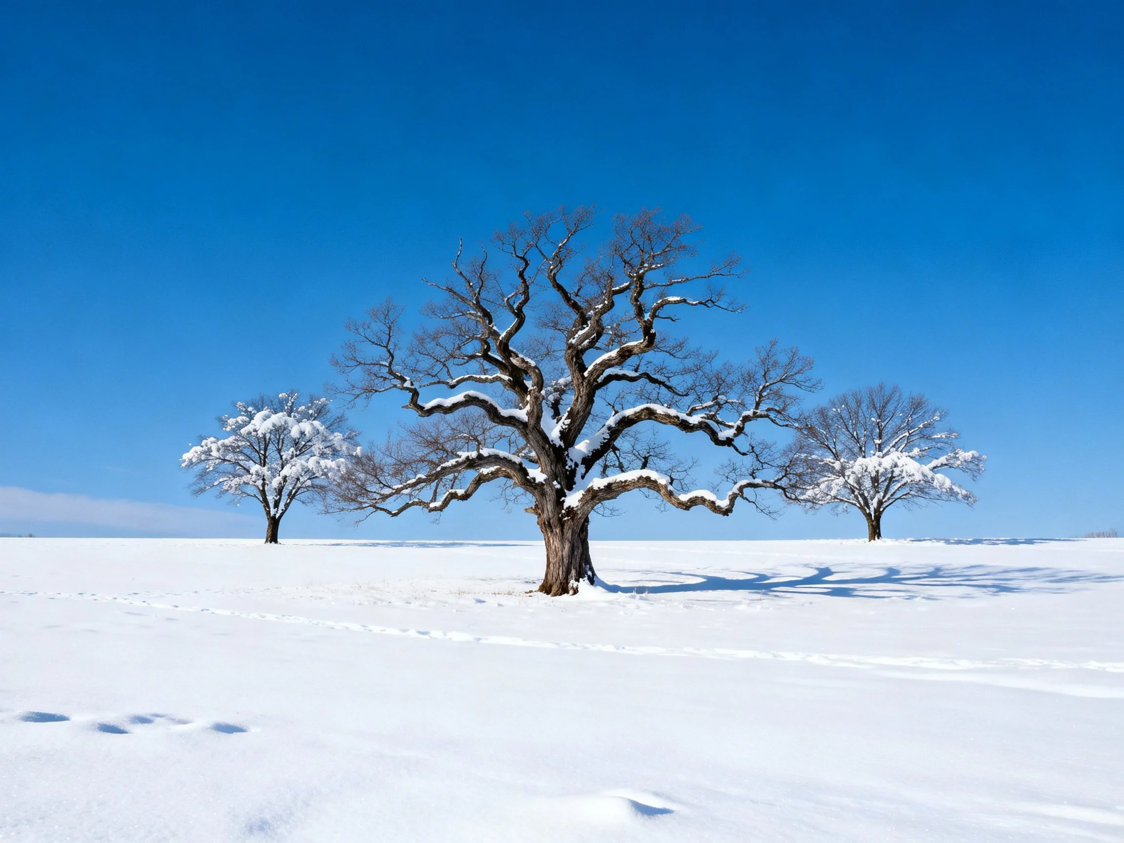Three snow-laden trees stand in a vast white field beneath a clear blue sky.