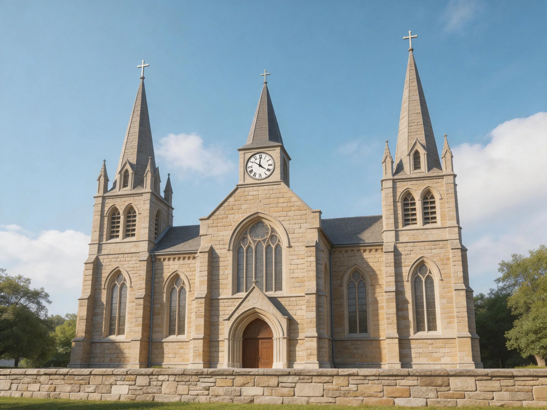 Three-spire stone church with central clock tower