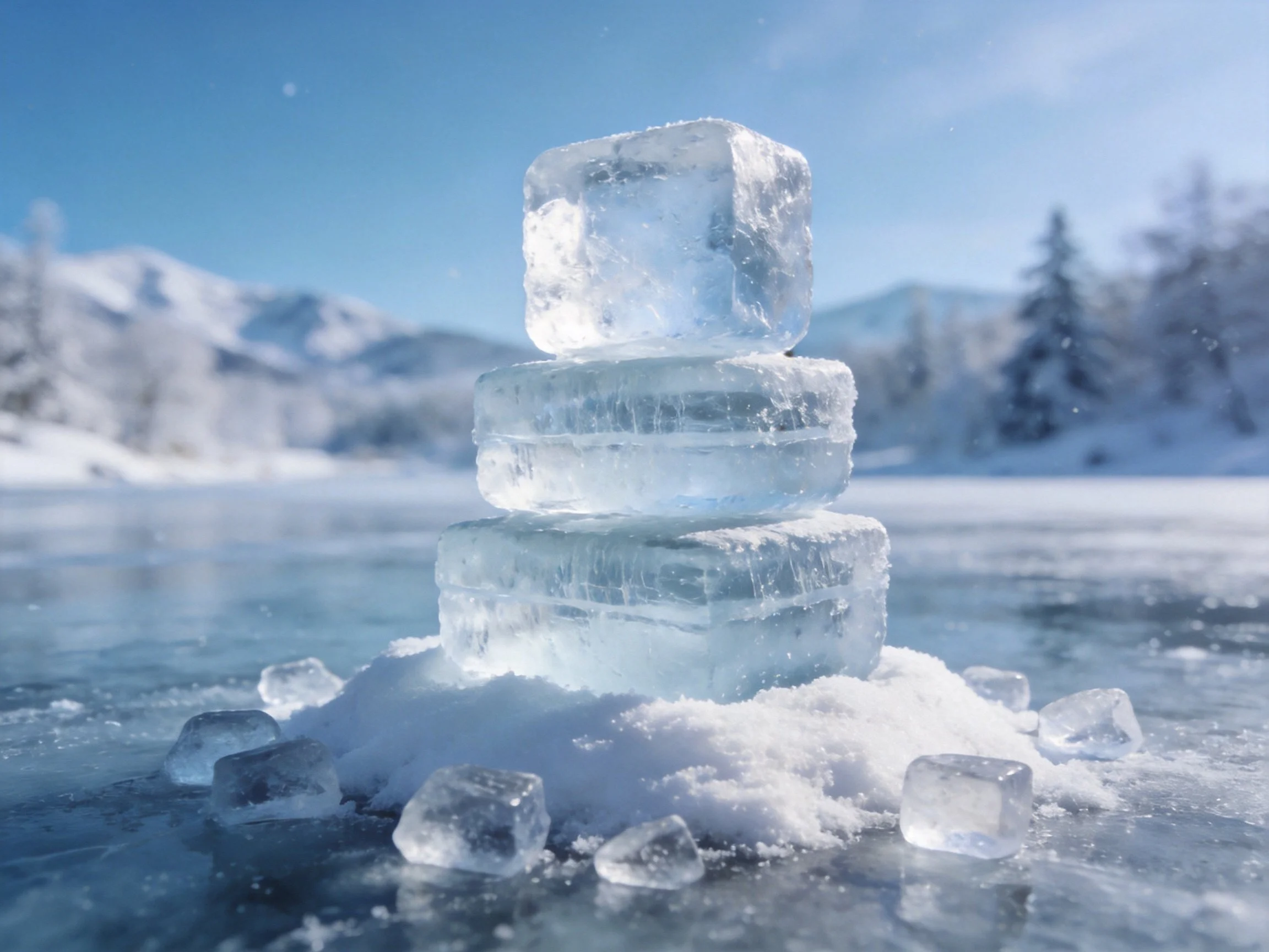 Three stacked ice blocks on snow-covered frozen lake