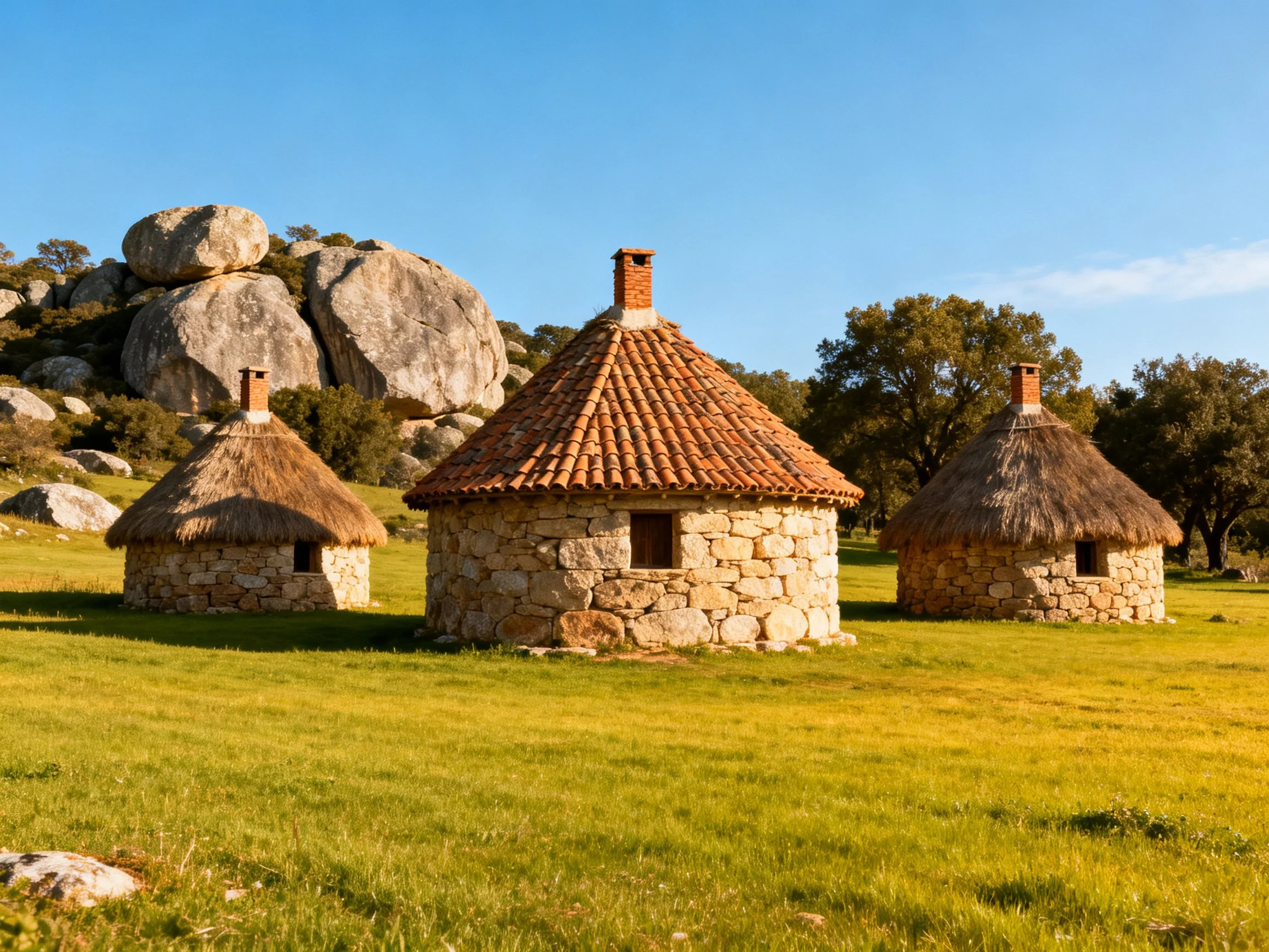 Three stone cottages with tiled and thatched roofs near large boulders