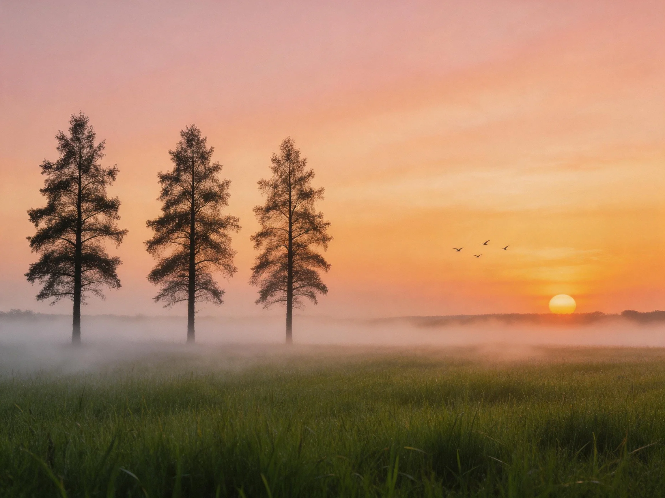 Three tall trees stand in morning mist near a golden sunset