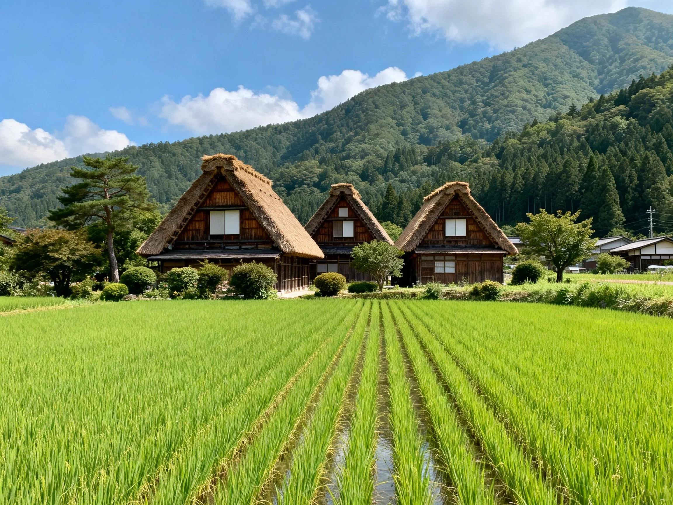 Three traditional thatched farmhouses near green rice paddies and forested mountains
