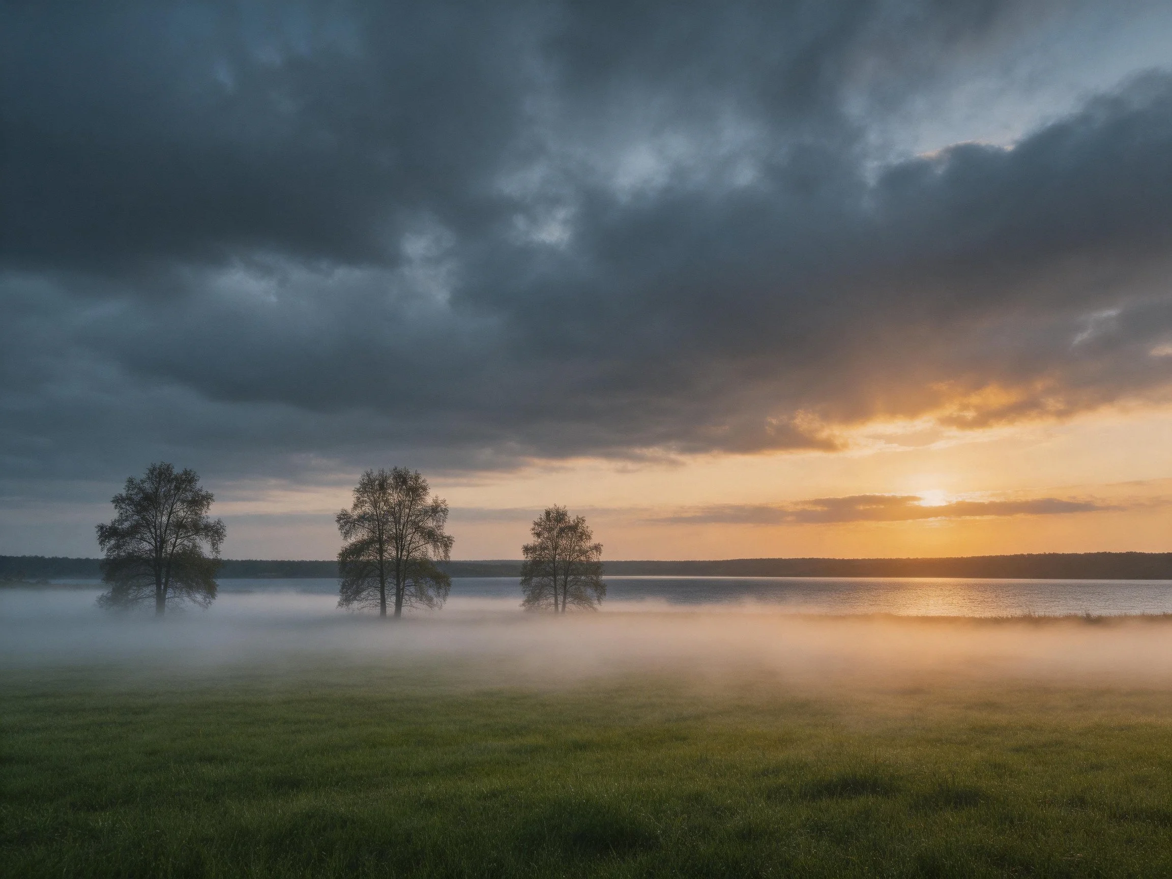 Three trees emerge from morning mist near a calm lake under dramatic skies.