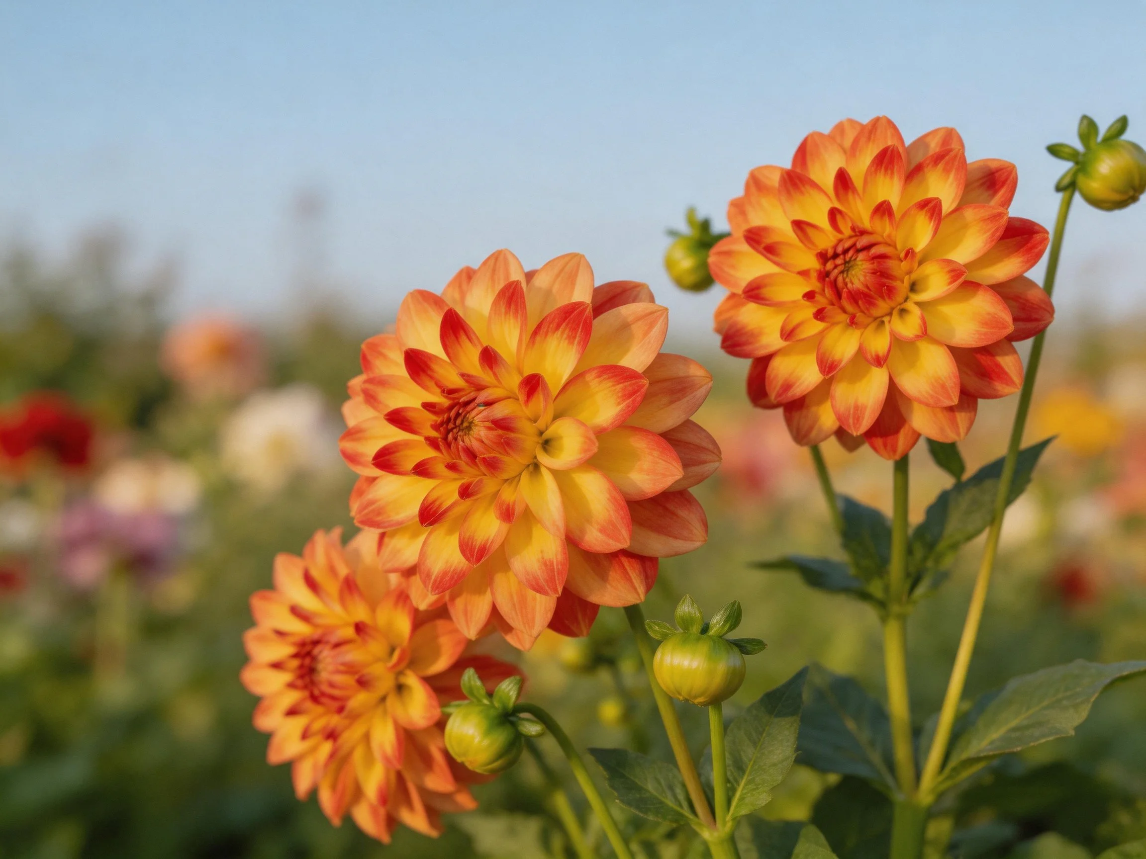Three vibrant dahlia blooms with yellow-orange petals