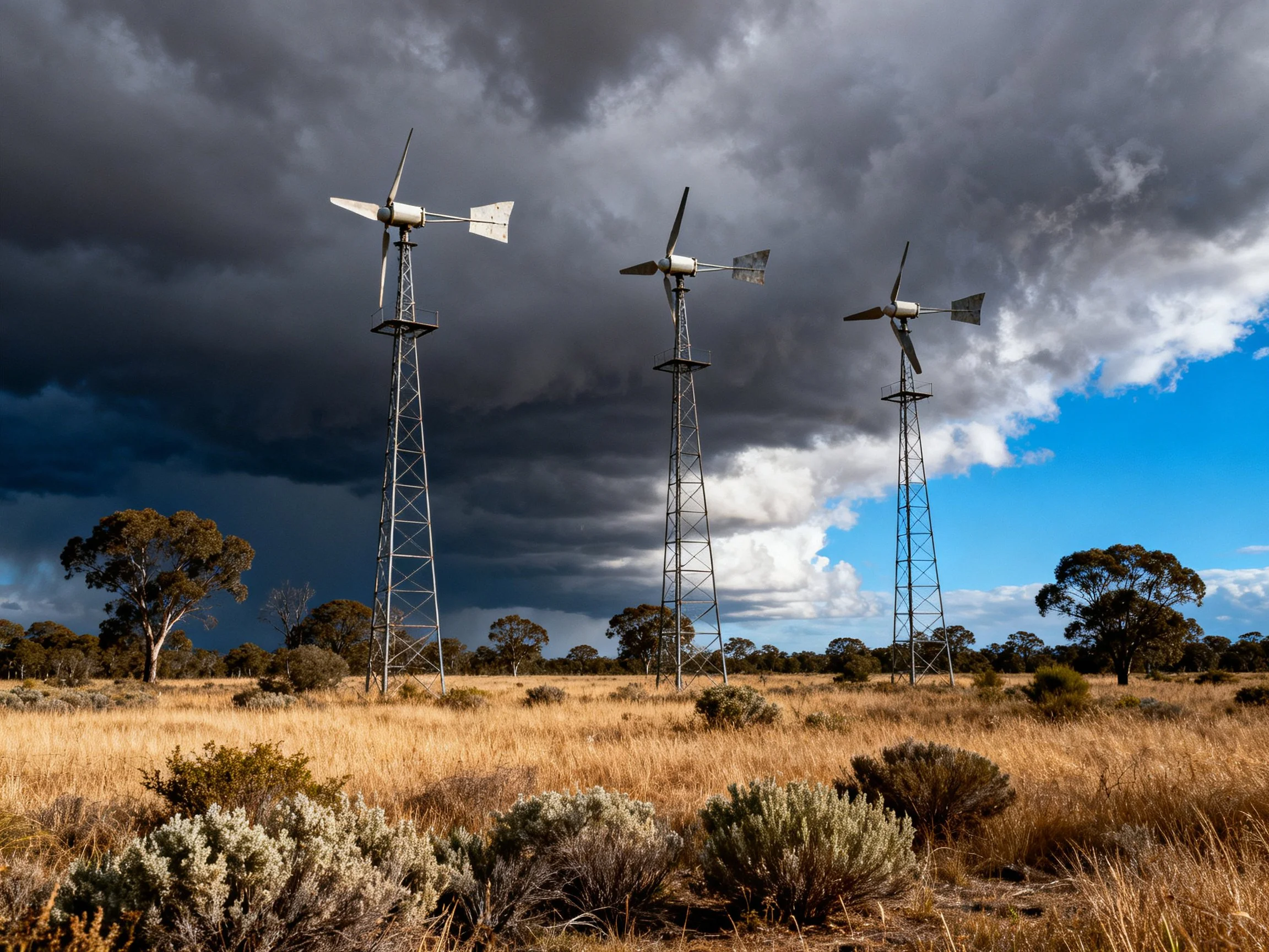 Three vintage wind turbines stand against dark storm clouds over golden fields
