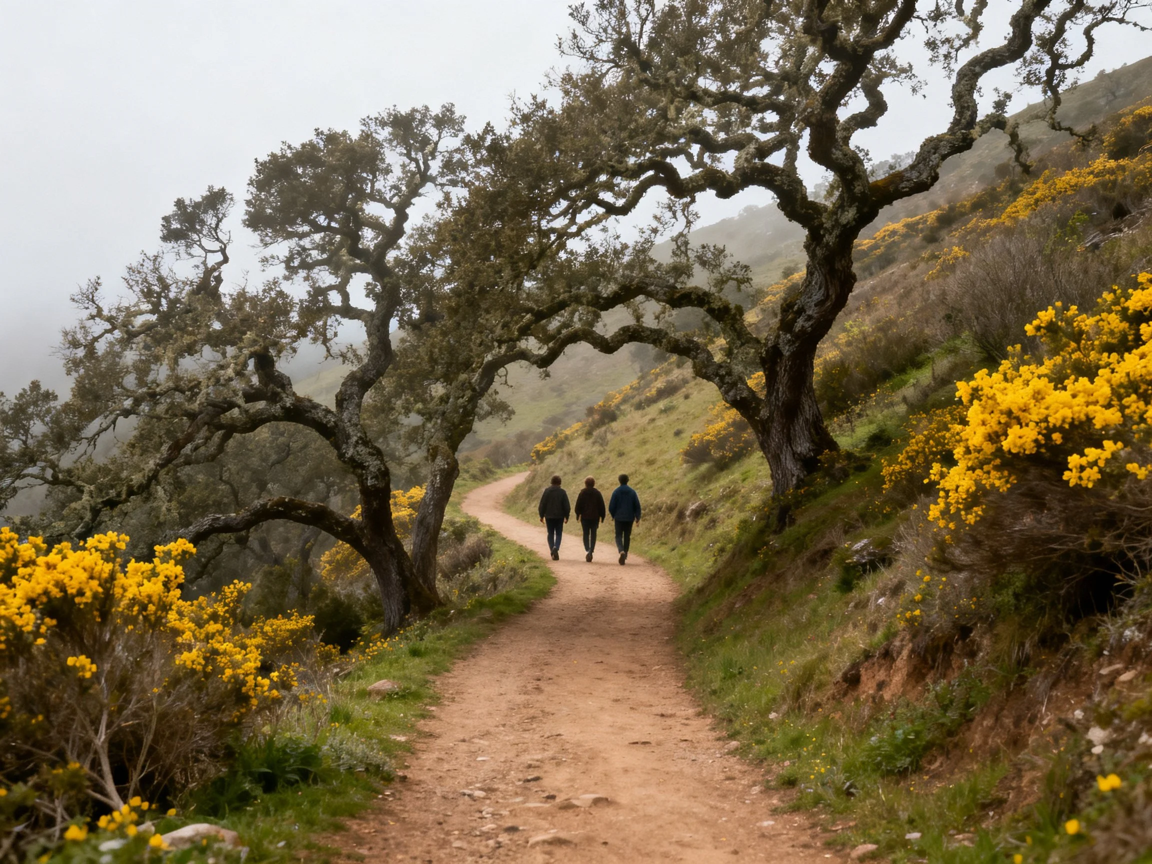 Three walkers traverse winding dirt path beneath ancient oak arch