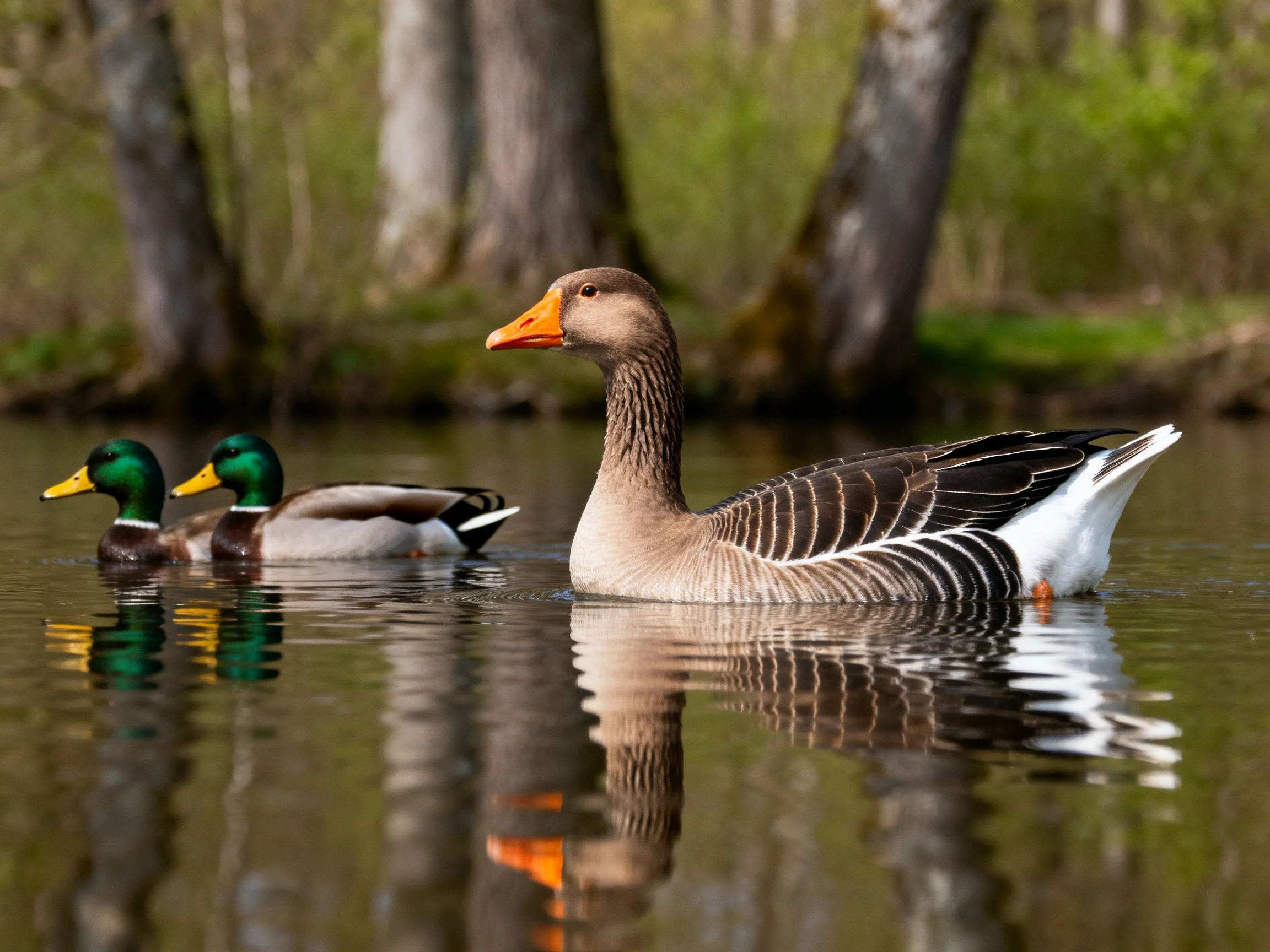 Three waterfowl swim in calm waters near tall trees