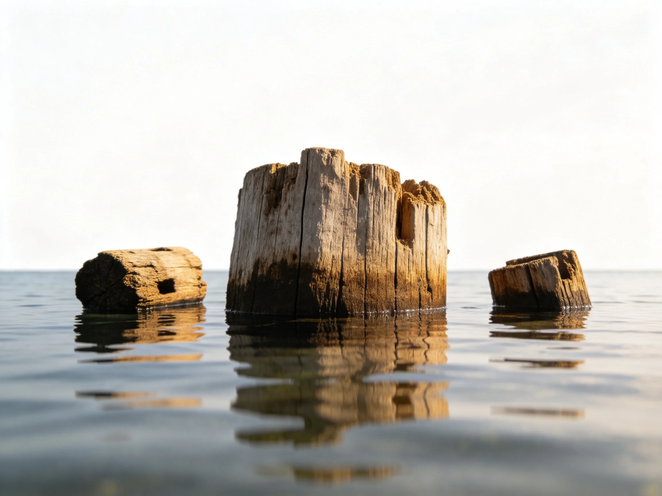 Three weathered wooden remnants in calm water