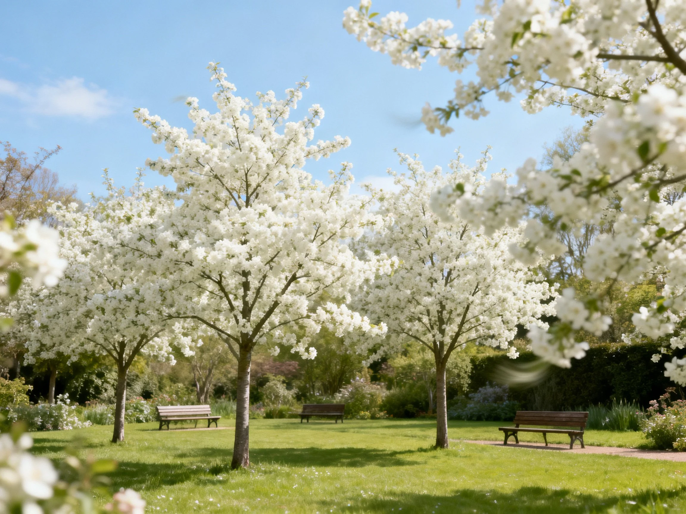 Three white-blossomed trees with wooden benches in a sunny park