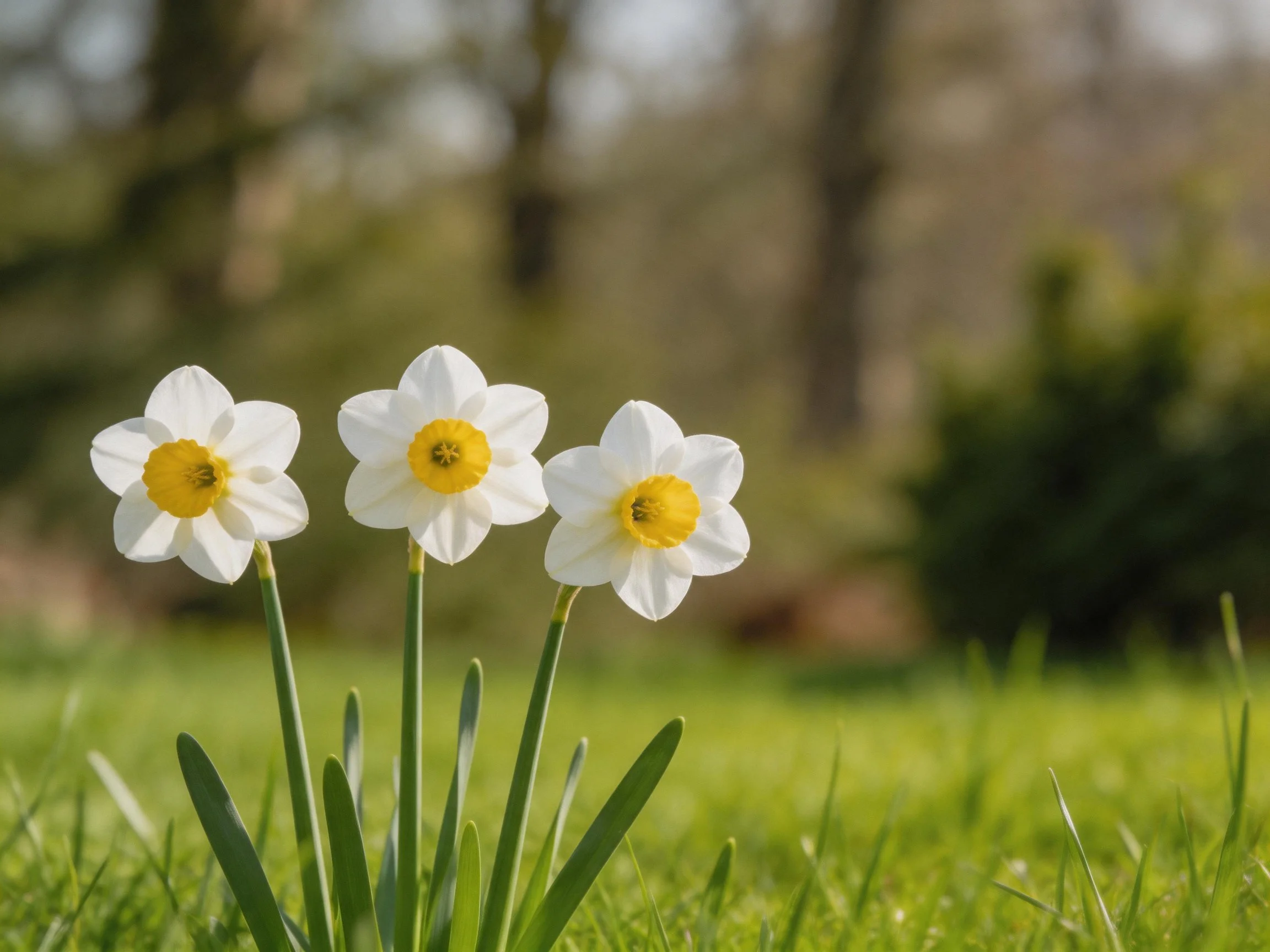 Three white daffodils with yellow centers on green grass