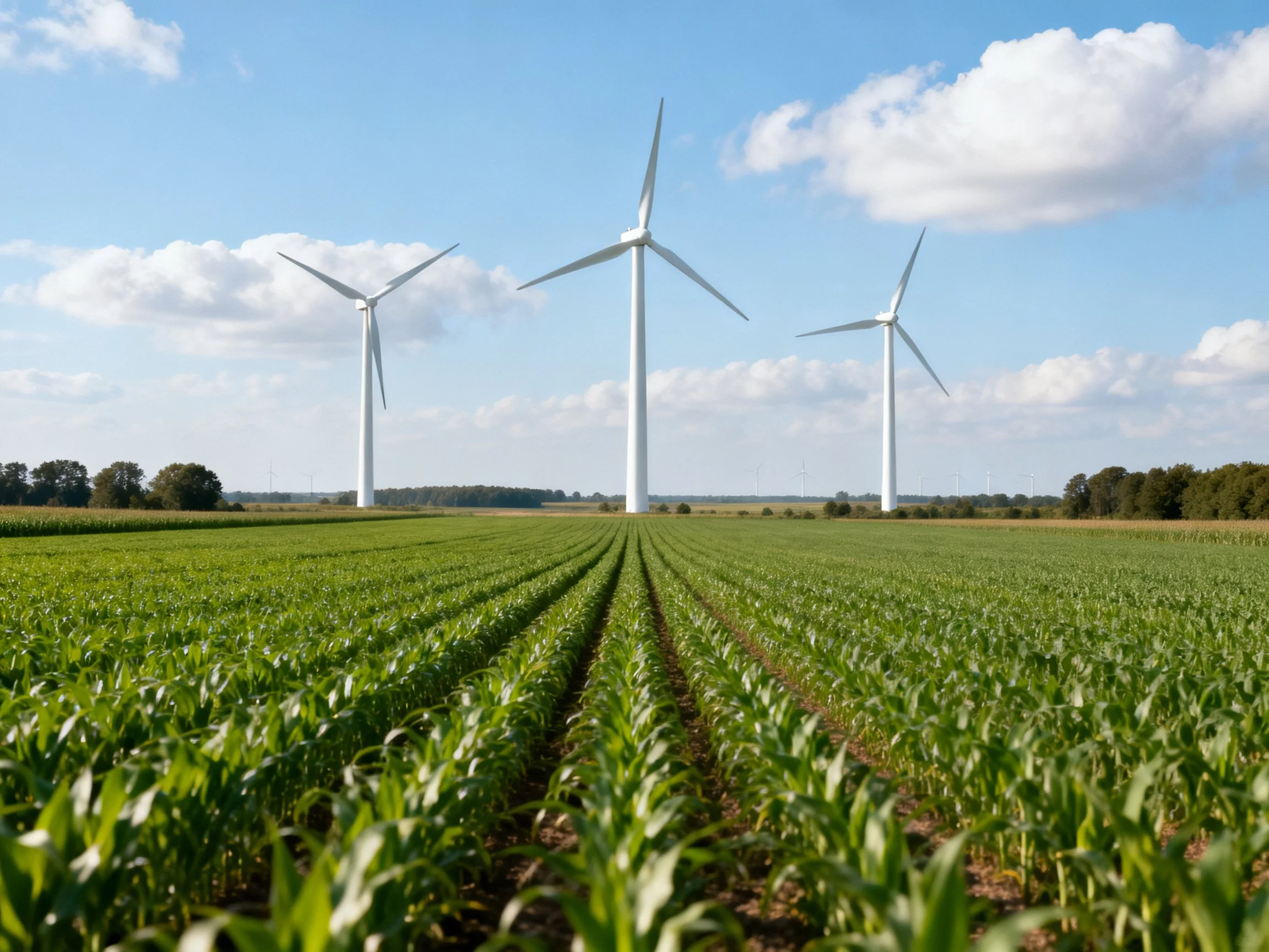 Three white wind turbines dominate a lush green farm landscape