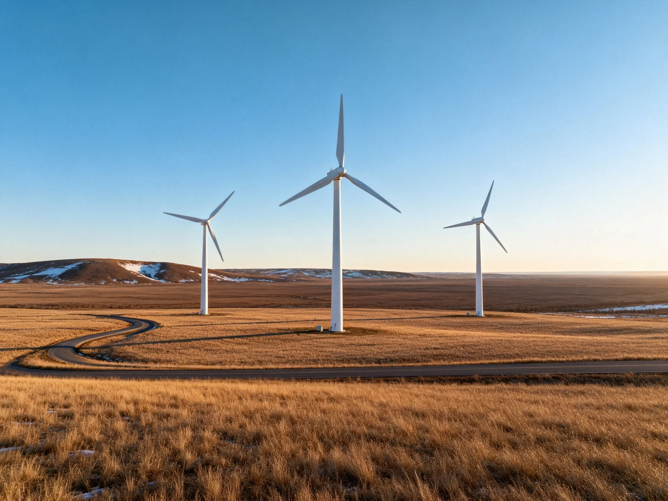 Three white wind turbines in golden grassland with distant hills