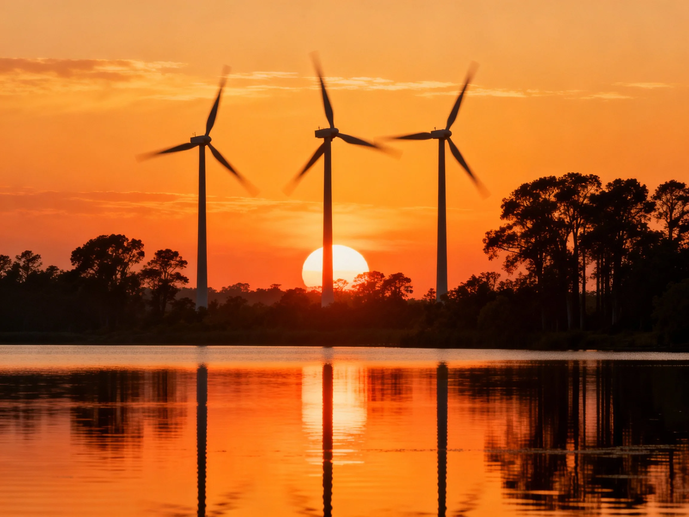 Three wind turbines silhouetted against an orange sunset over calm water