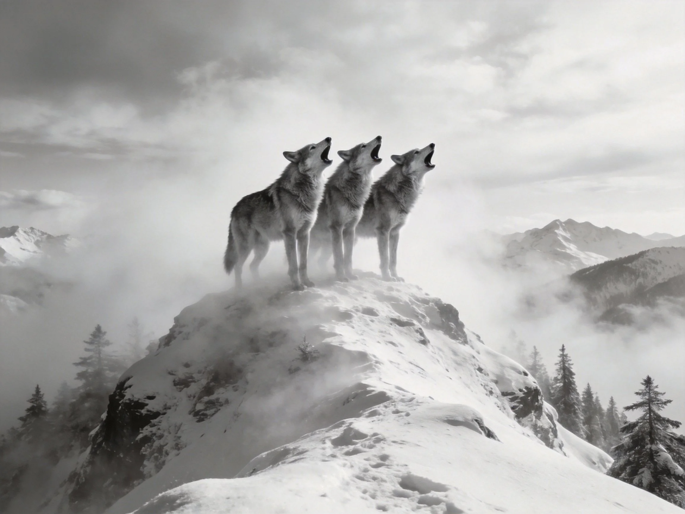Three wolves howling atop a snow-capped mountain peak