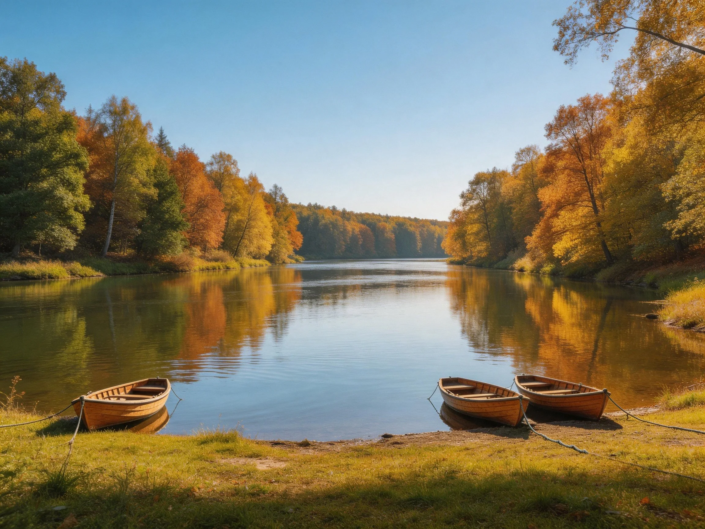 Three wooden boats rest beside a calm river with vibrant fall foliage.