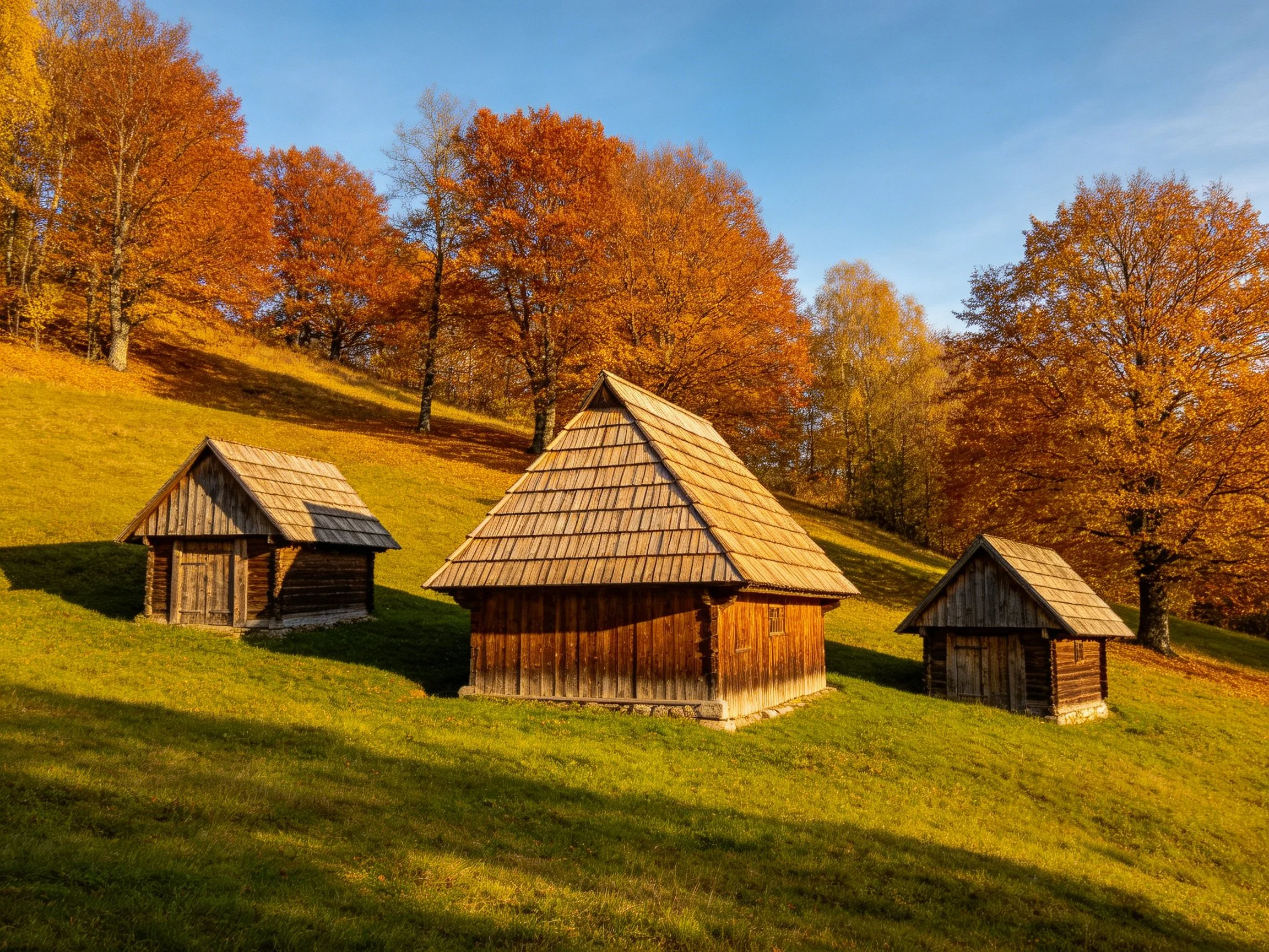 Three wooden cabins on a grassy hillside with autumn foliage