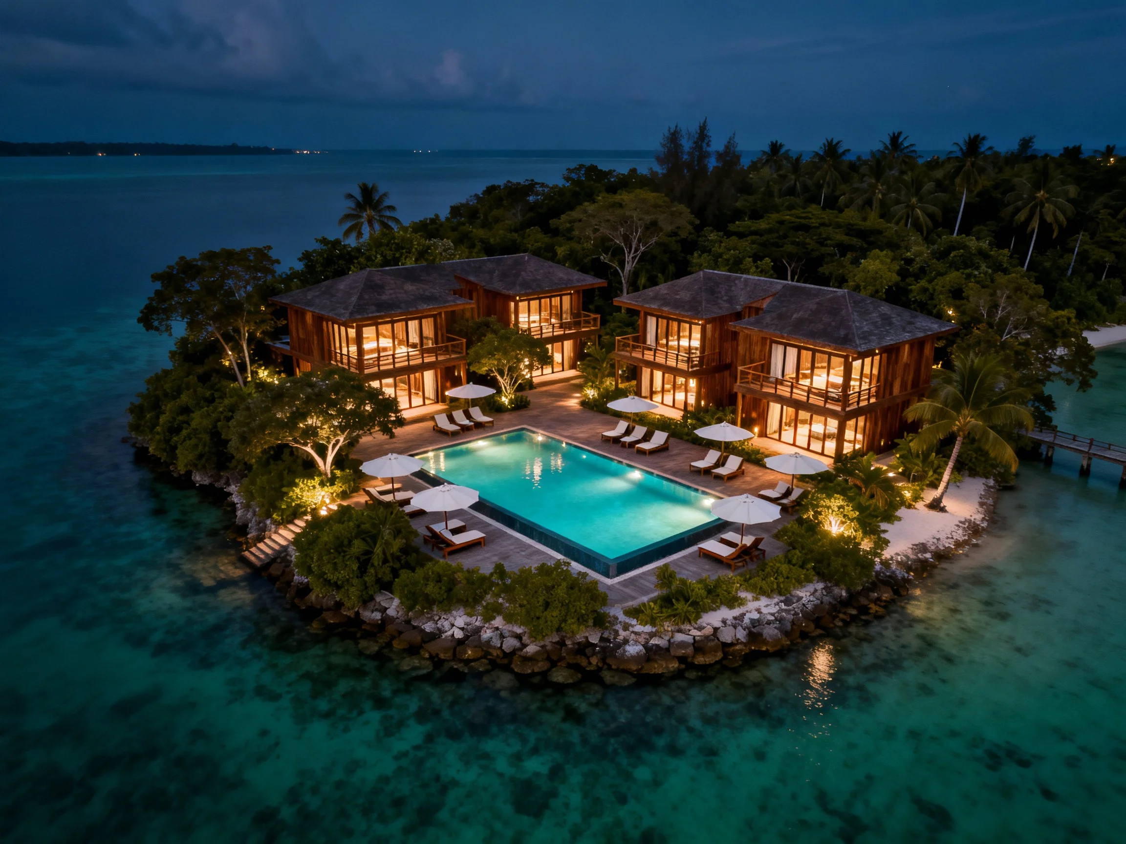 Three wooden villas surround a glowing pool on a private island.