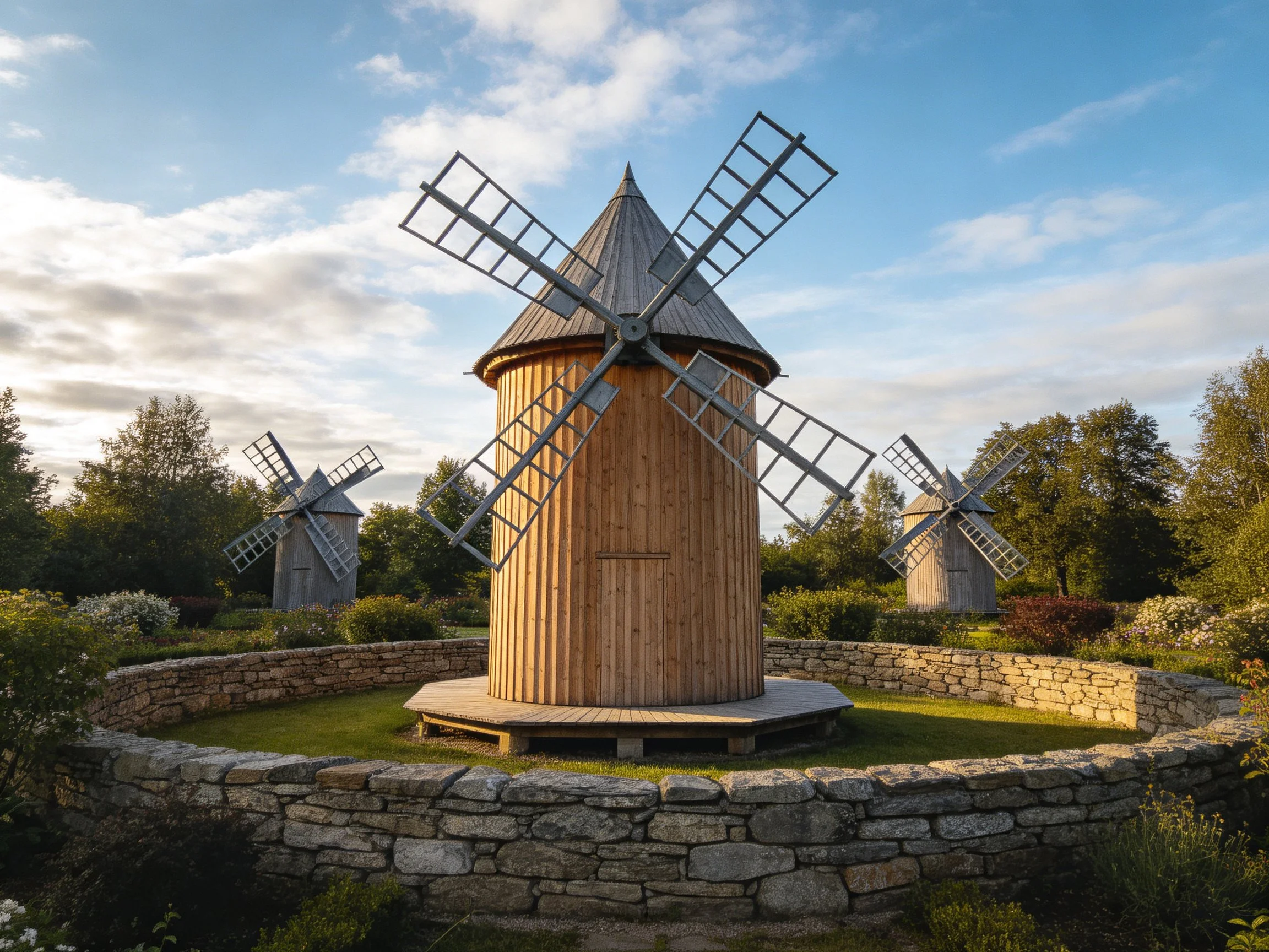 Three wooden windmills sit near stone walls among greenery under a partly cloudy sky