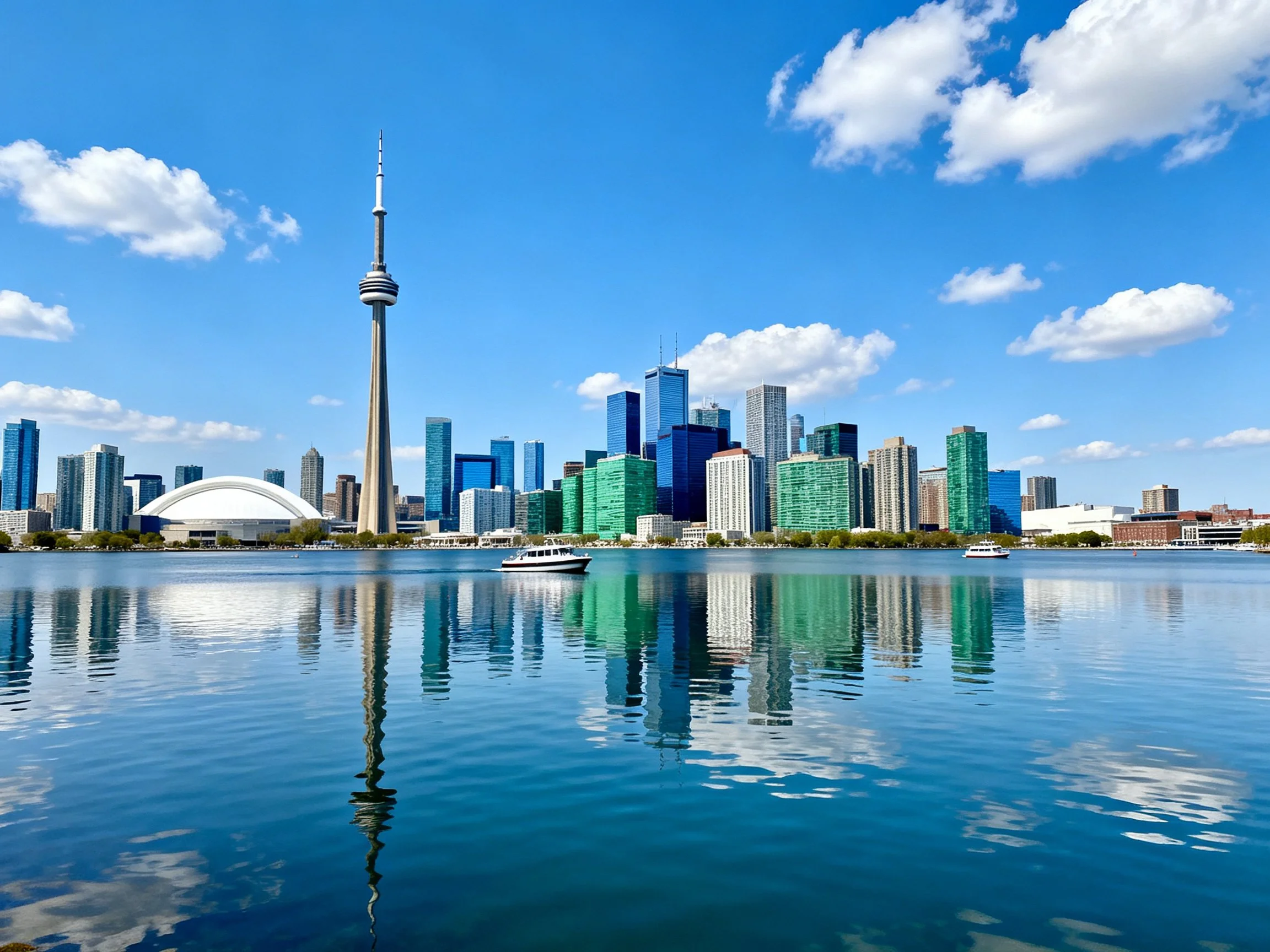 Toronto Skyline with CN Tower Over Calm Blue Water