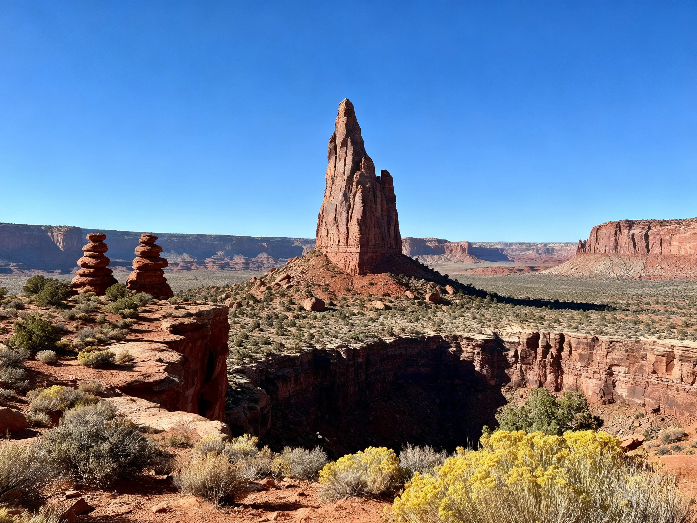 Towering Red Rock Spire in Arid Desert Canyon