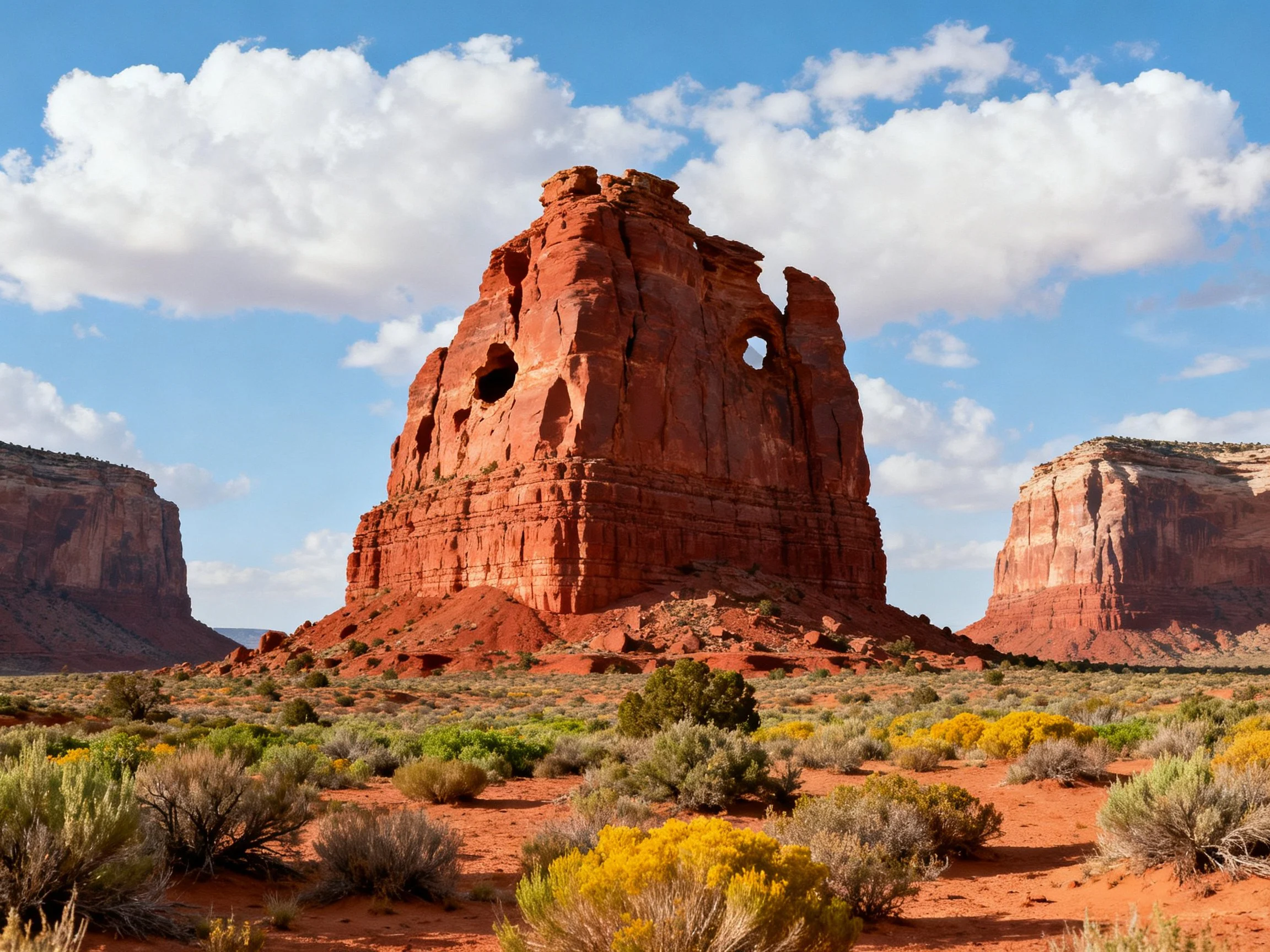 Towering Red Sandstone Formation in Arid Desert Landscape