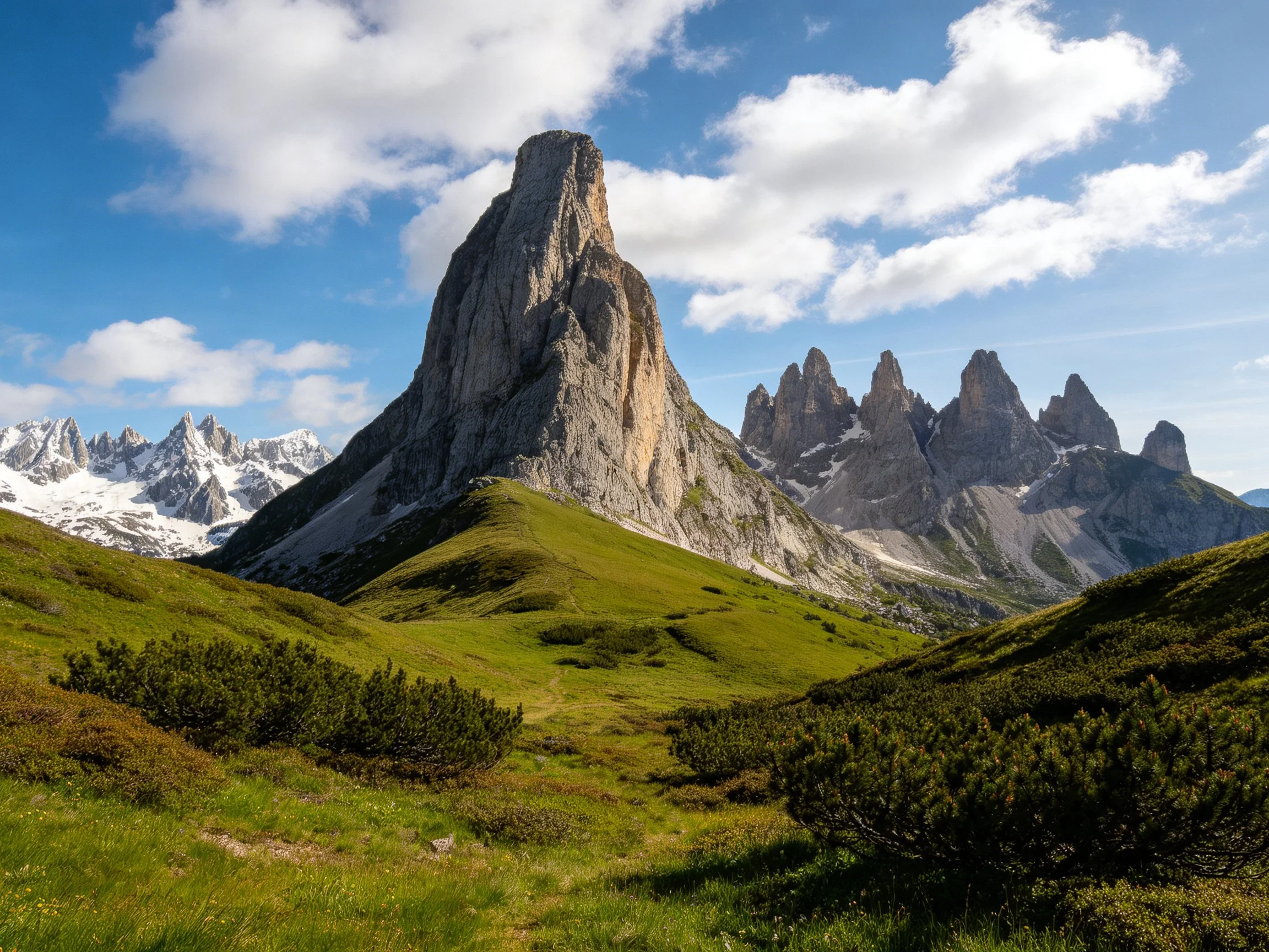 Towering central rock formation with lush green slopes and jagged mountain backdrop