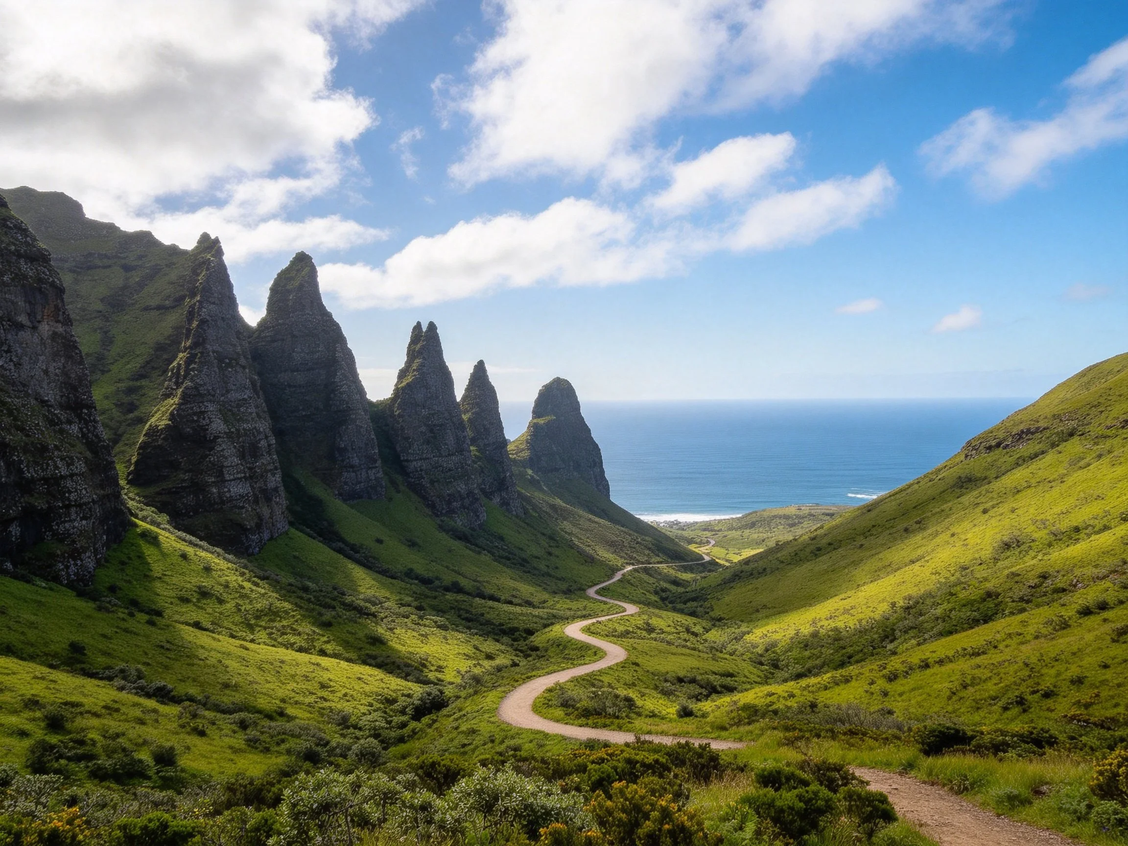 Towering dark rock spires amidst lush green hills near the ocean