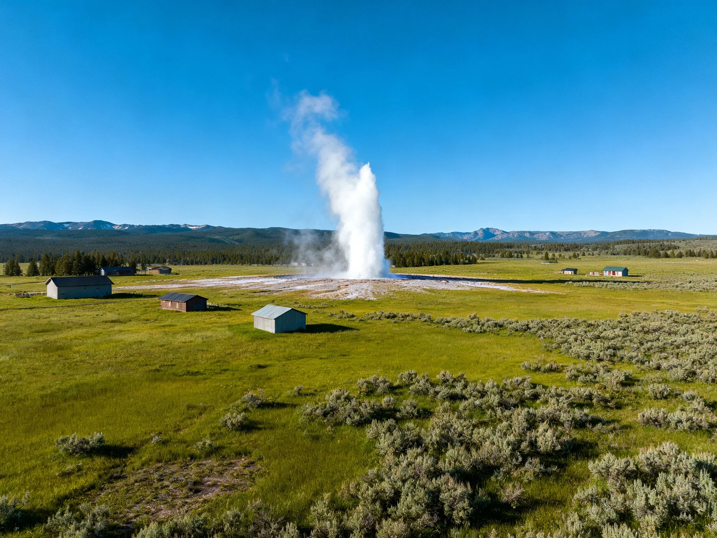 Towering geyser erupts in lush green field with scattered cabins
