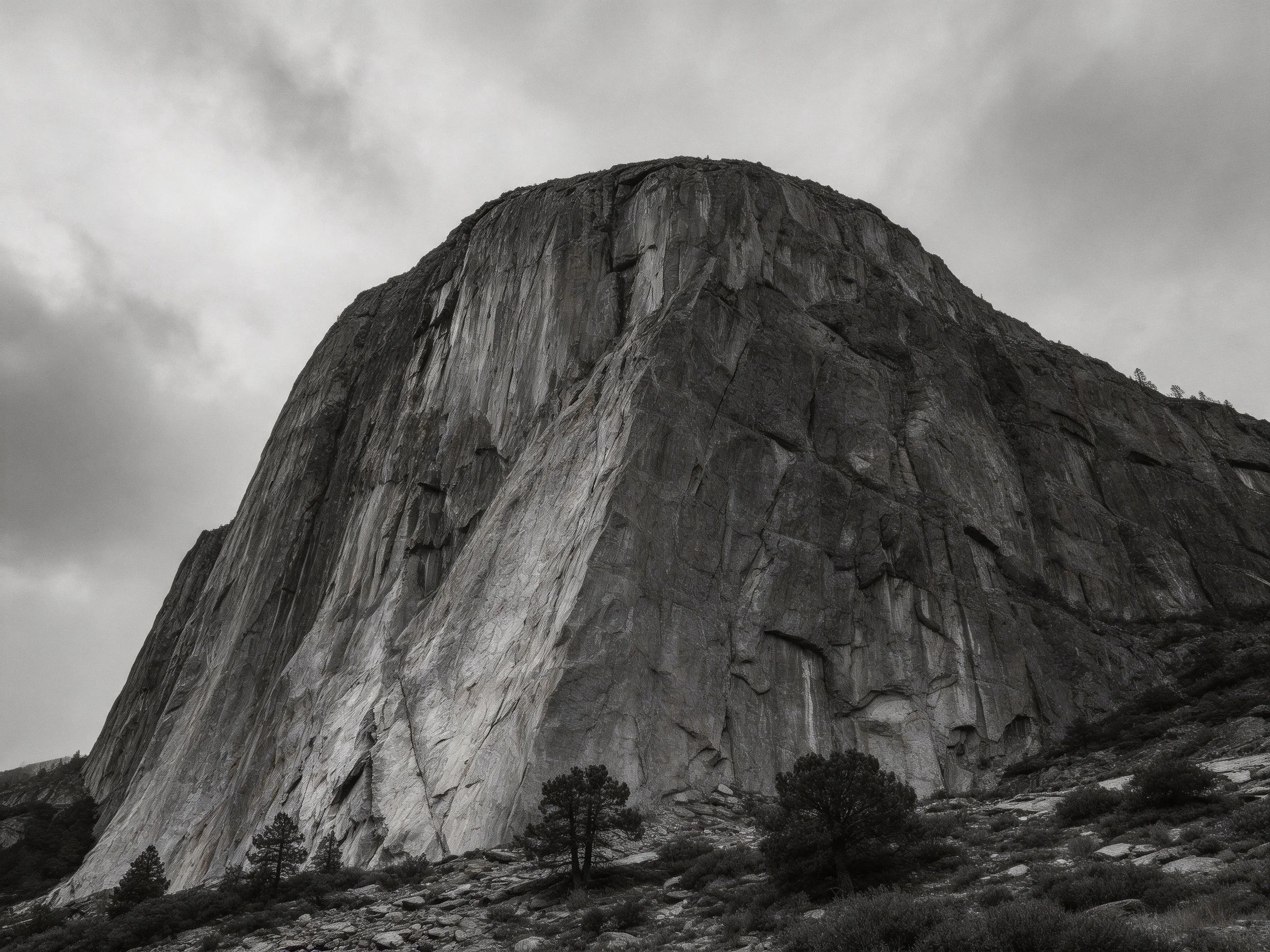 Towering granite cliff face in monochrome landscape