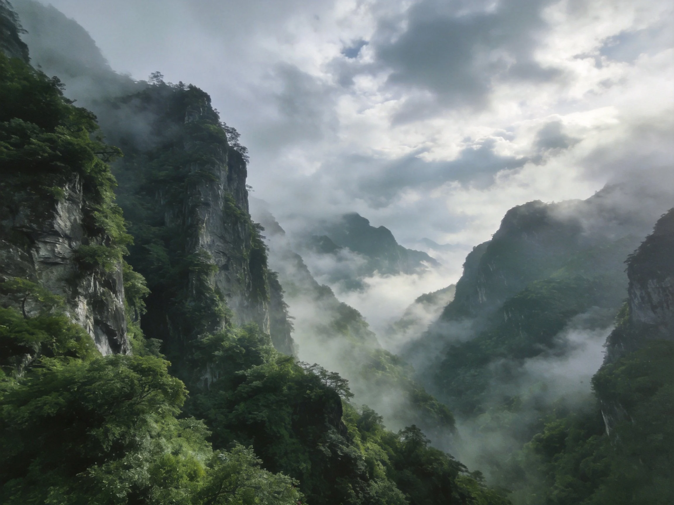 Towering green cliffs surrounded by misty clouds