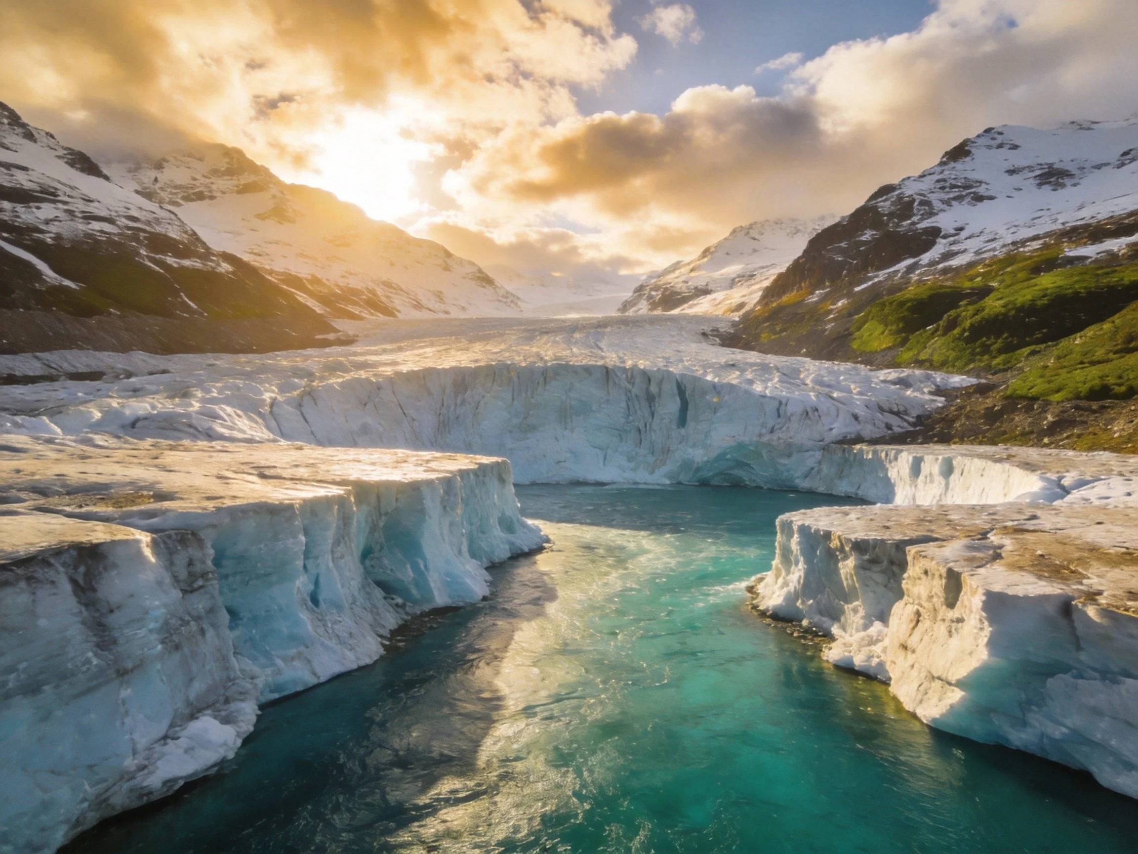 Towering ice cliffs frame turquoise glacial waters under golden sunset