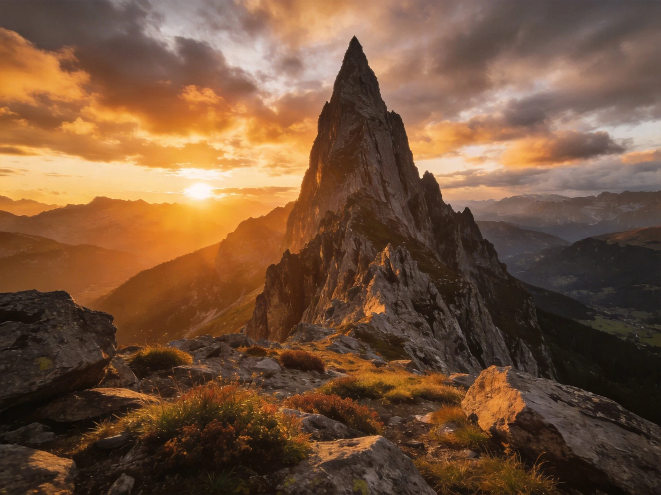 Towering jagged mountain peak bathed in golden sunset light