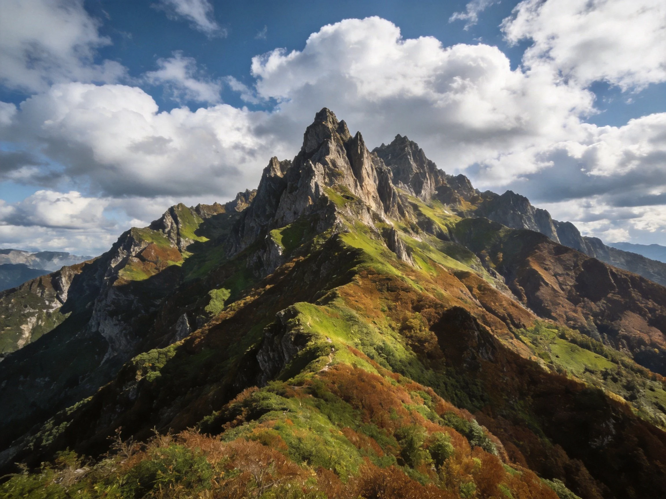 Towering jagged peaks with colorful mountain slopes under cloudy sky