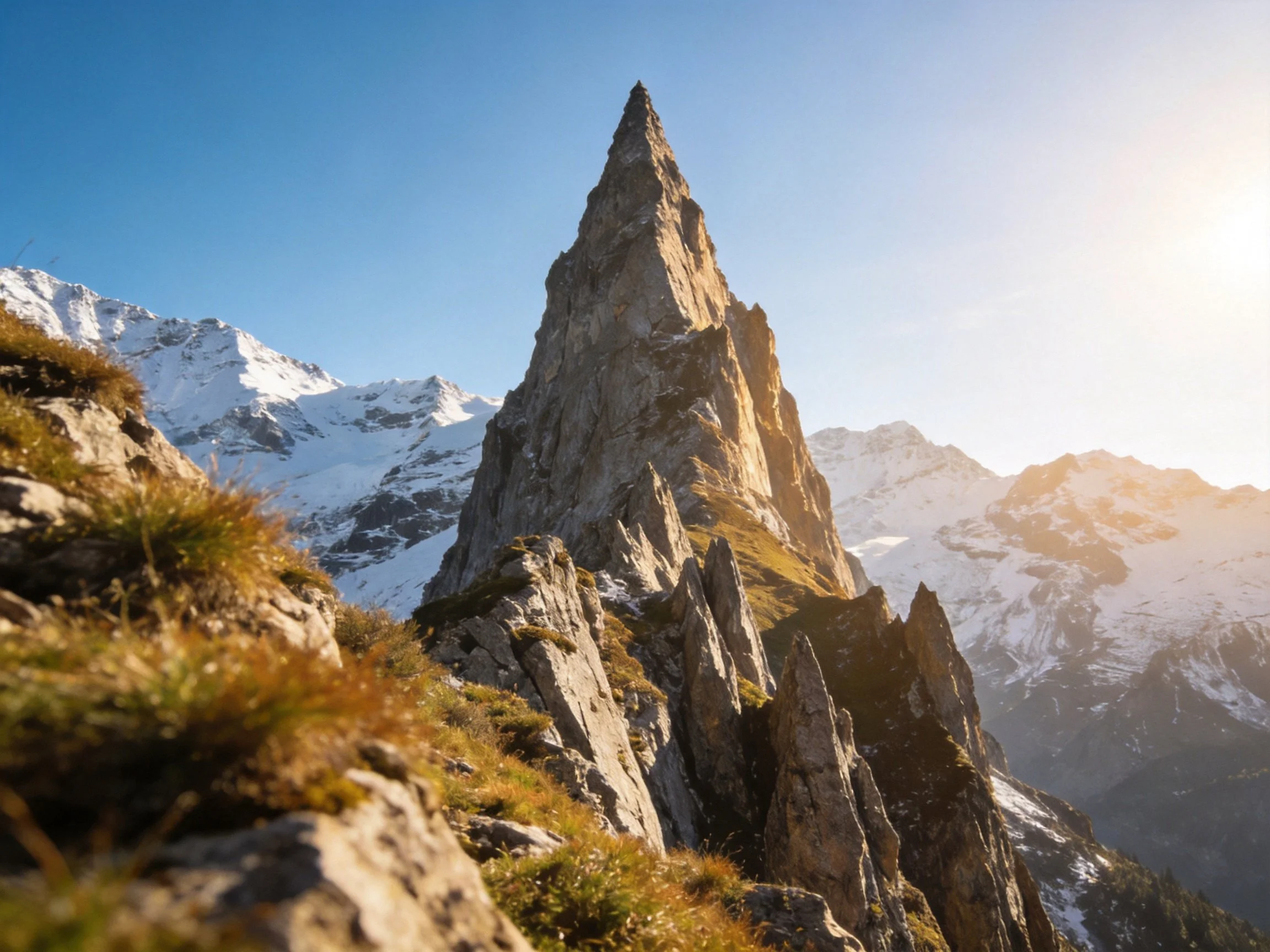 Towering jagged rock formation beside snow - draped alpine peaks