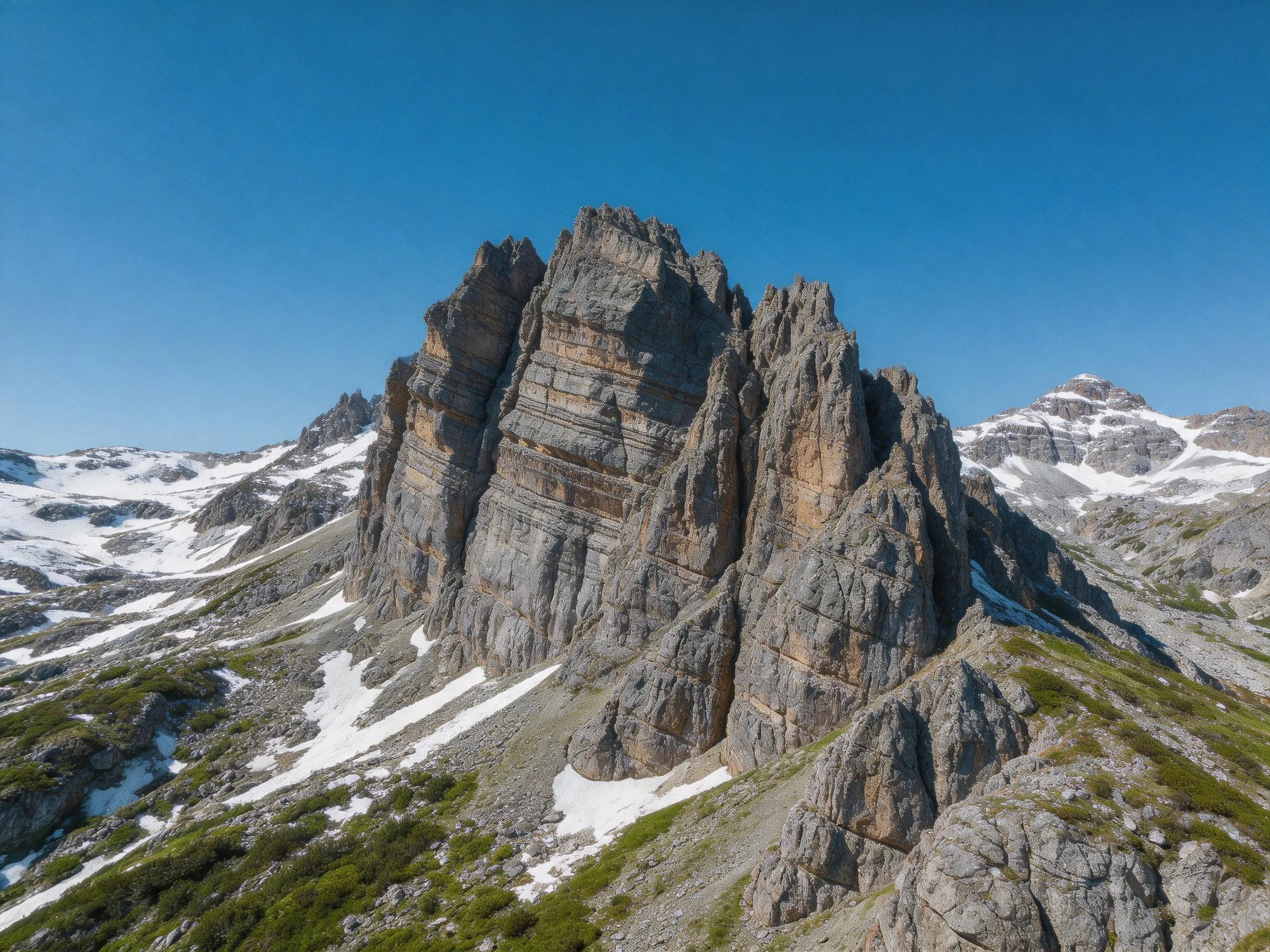 Towering jagged rock formations with patches of snow and green slopes