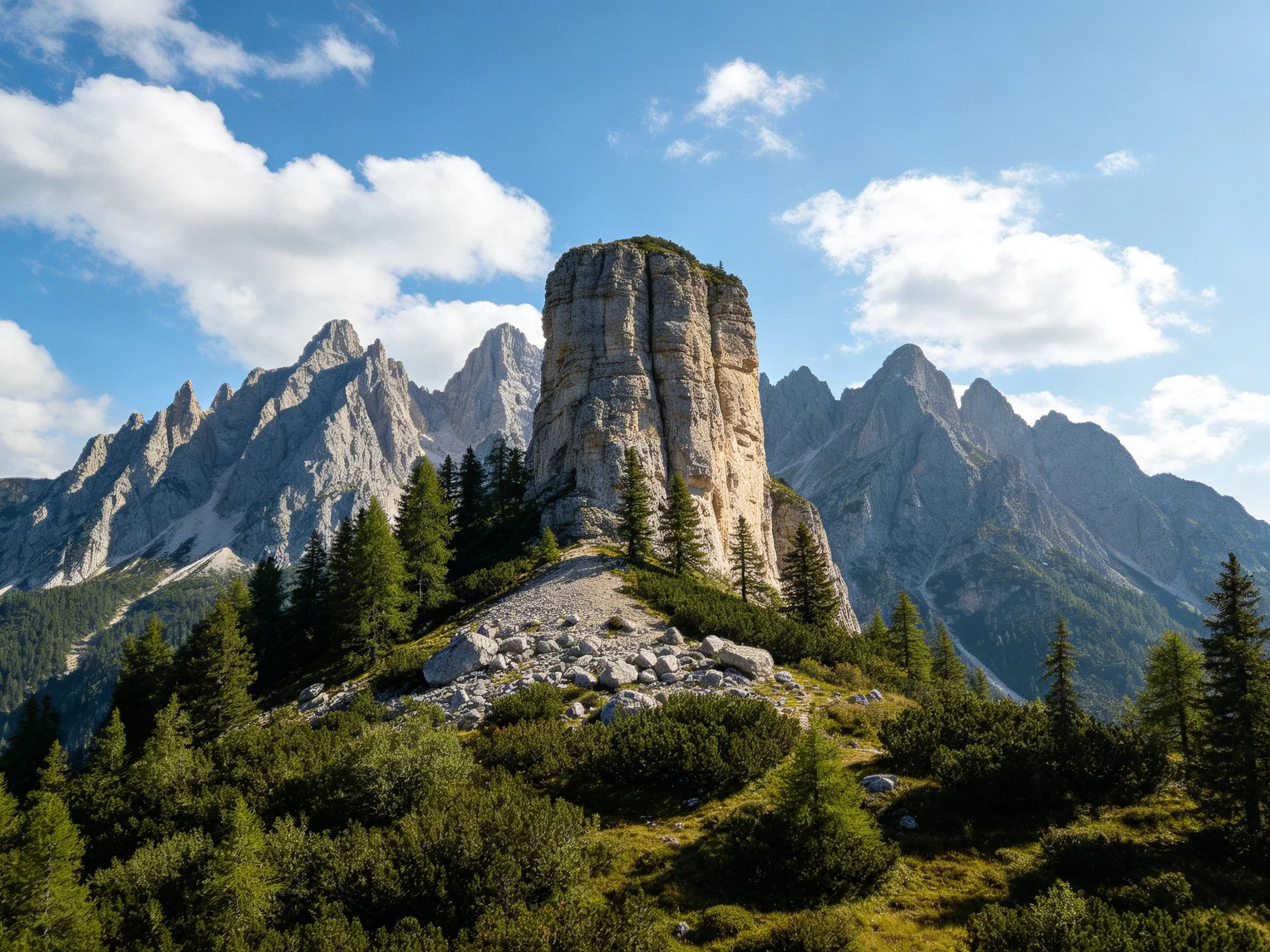 Towering limestone formation amid dramatic alpine peaks with lush forest