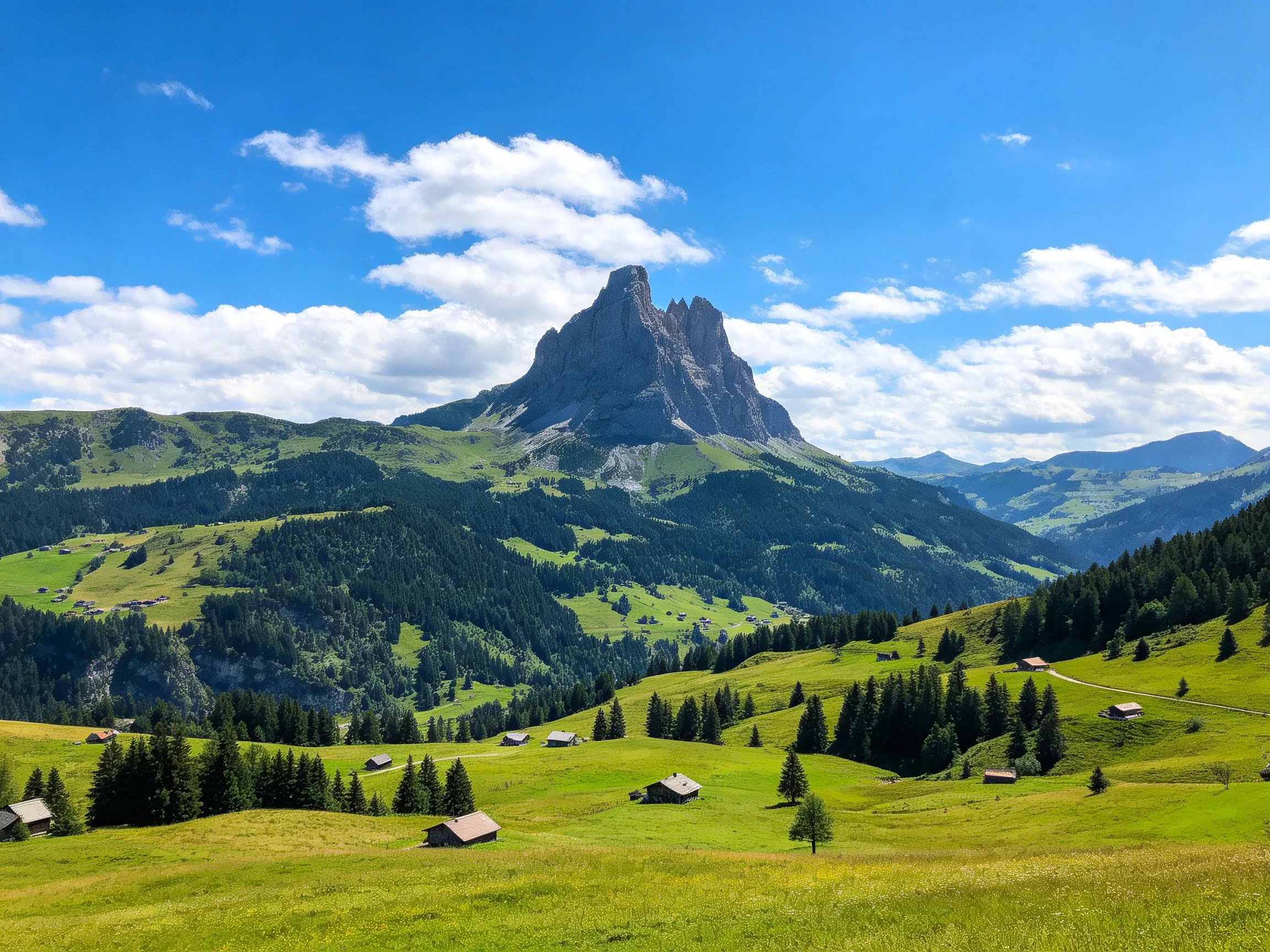 Towering mountain overlooks lush green meadows with scattered cabins