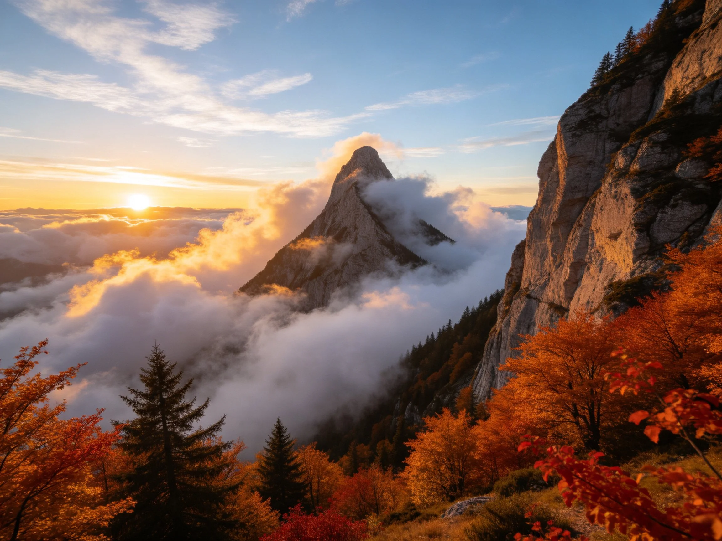 Towering mountain peak surrounded by autumn trees and misty clouds at sunrise