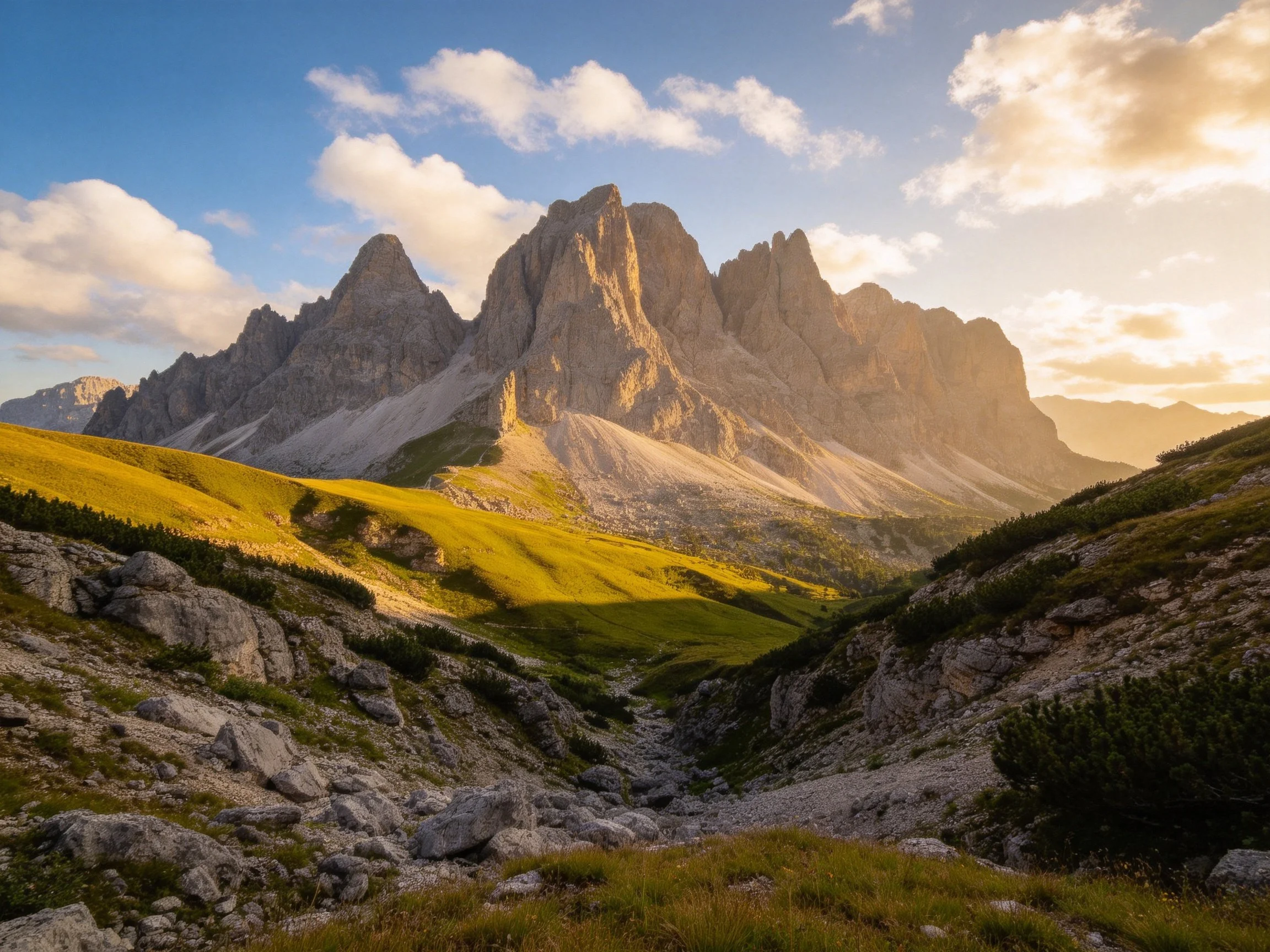 Towering mountain peaks bathed in golden sunlight with rocky terrain below