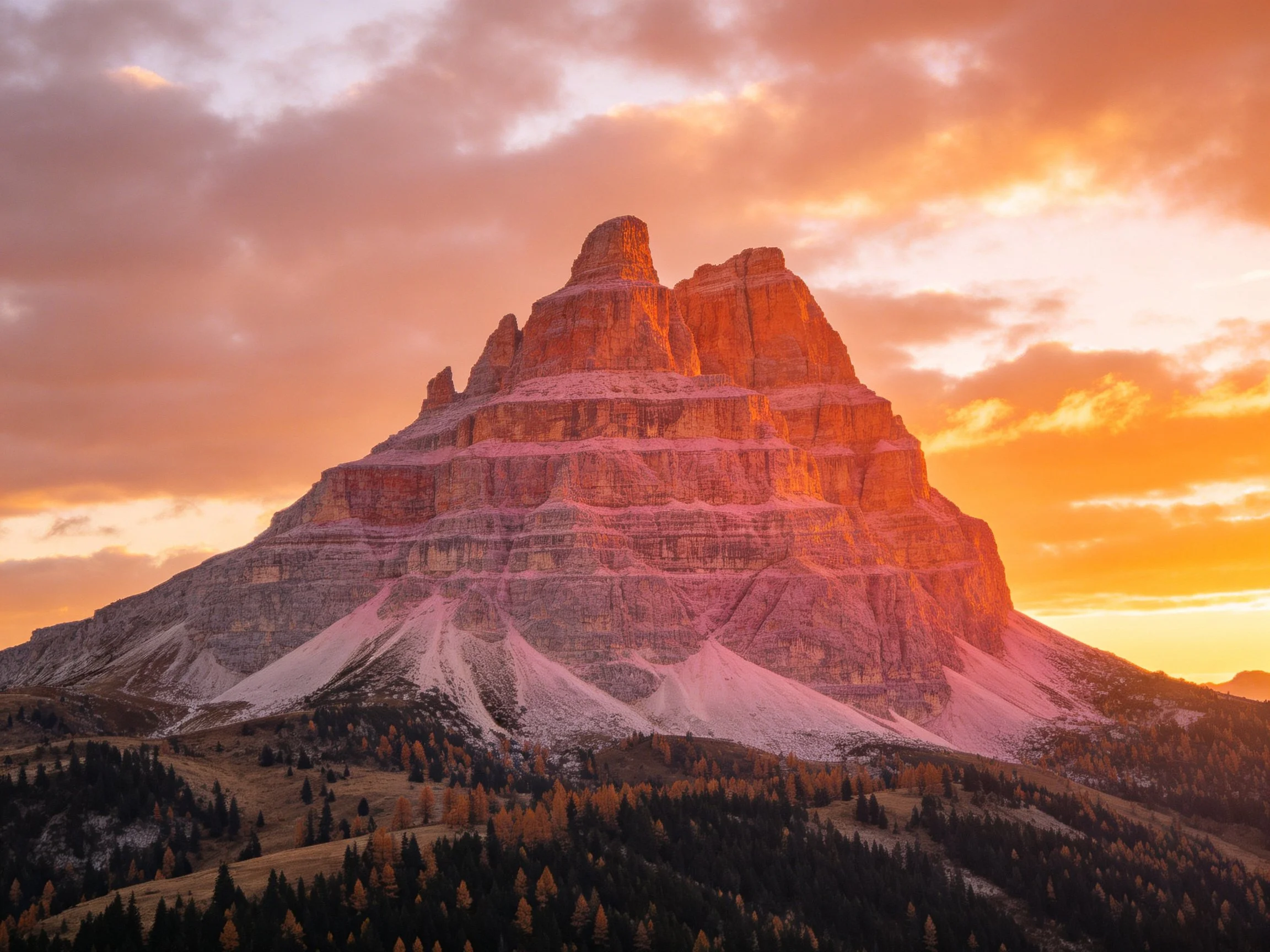 Towering mountain with layered rock formations under vibrant sunset sky