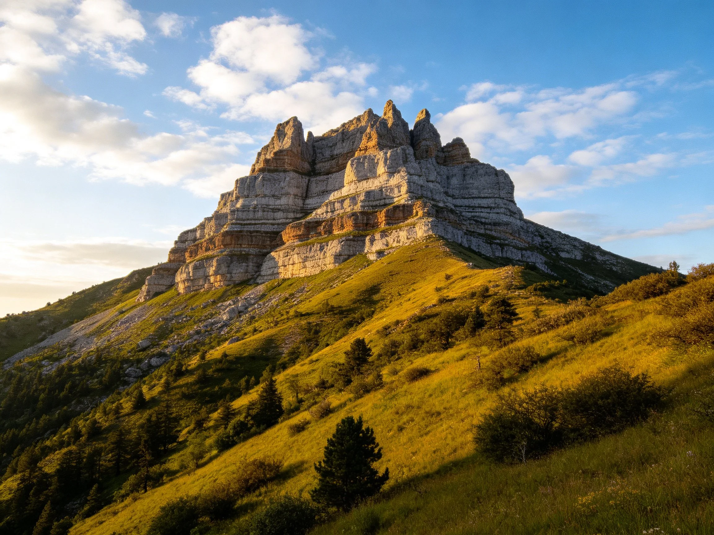Towering multi-layered rock cliffs over green terrain