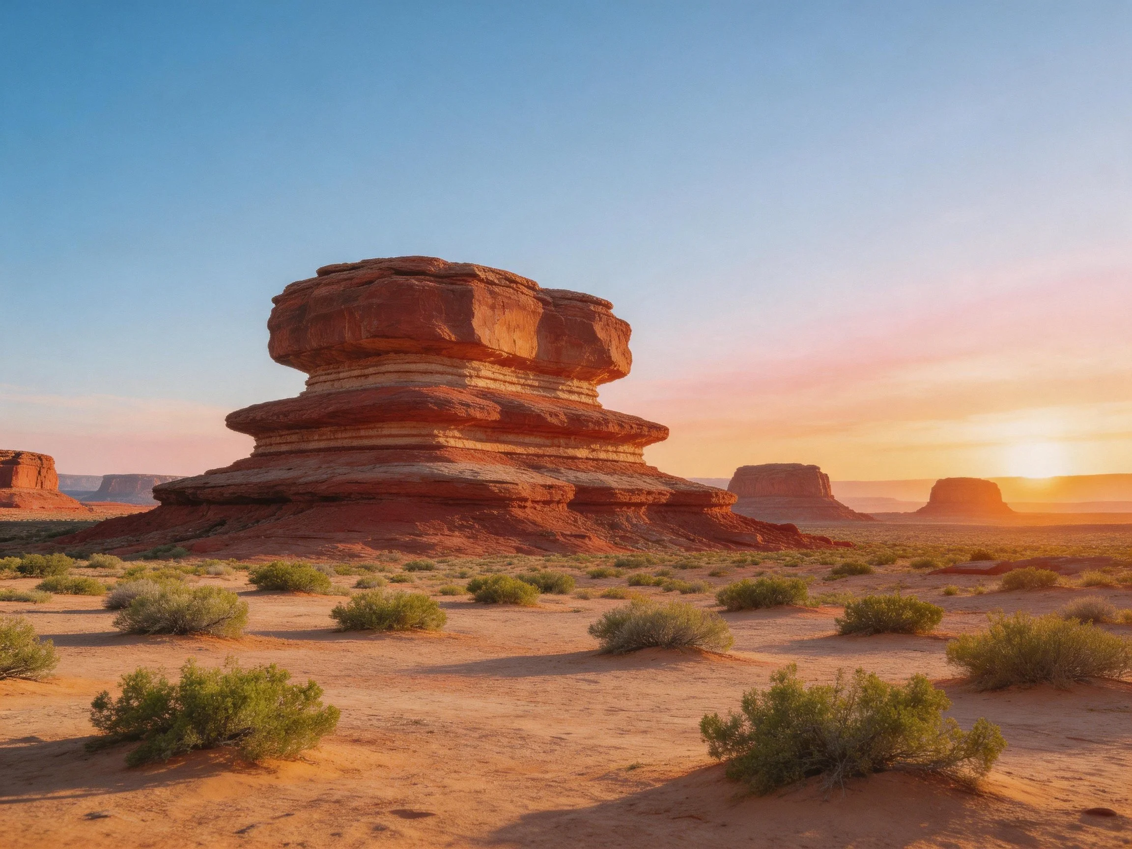 Towering red rock formation in arid desert landscape