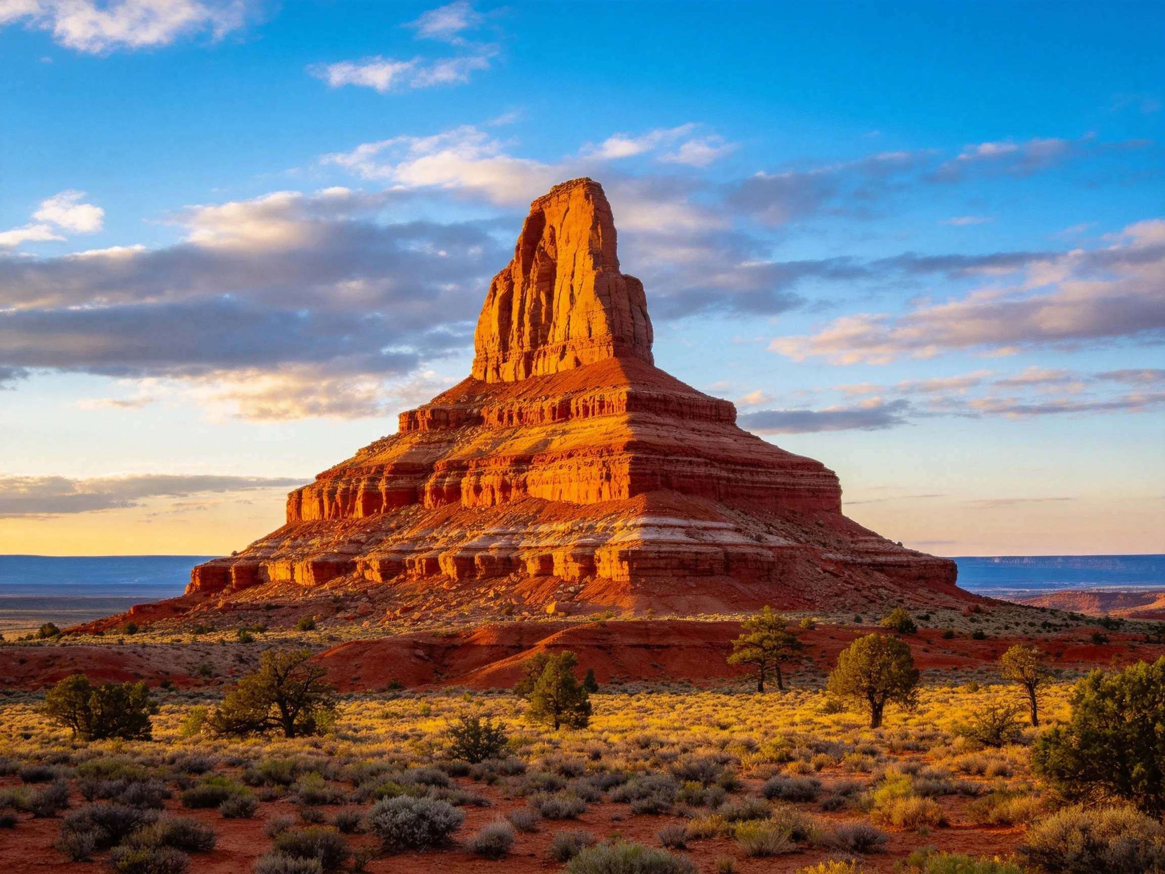 Towering red sandstone formation in desert landscape under blue sky
